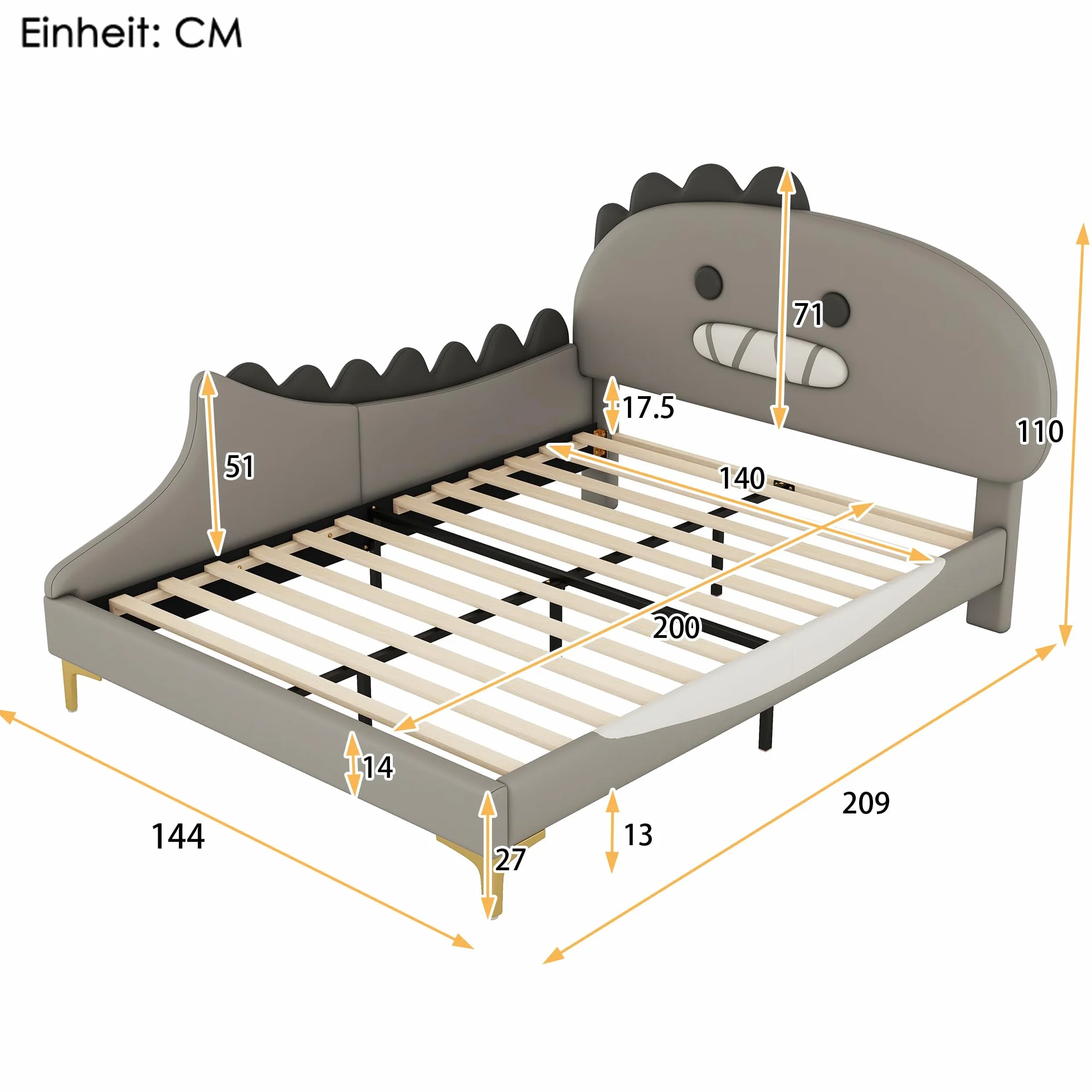 Cama infantil de 140 x 200 cm, diseño de dinosaurio, cama plana, material de poliuretano, color gris