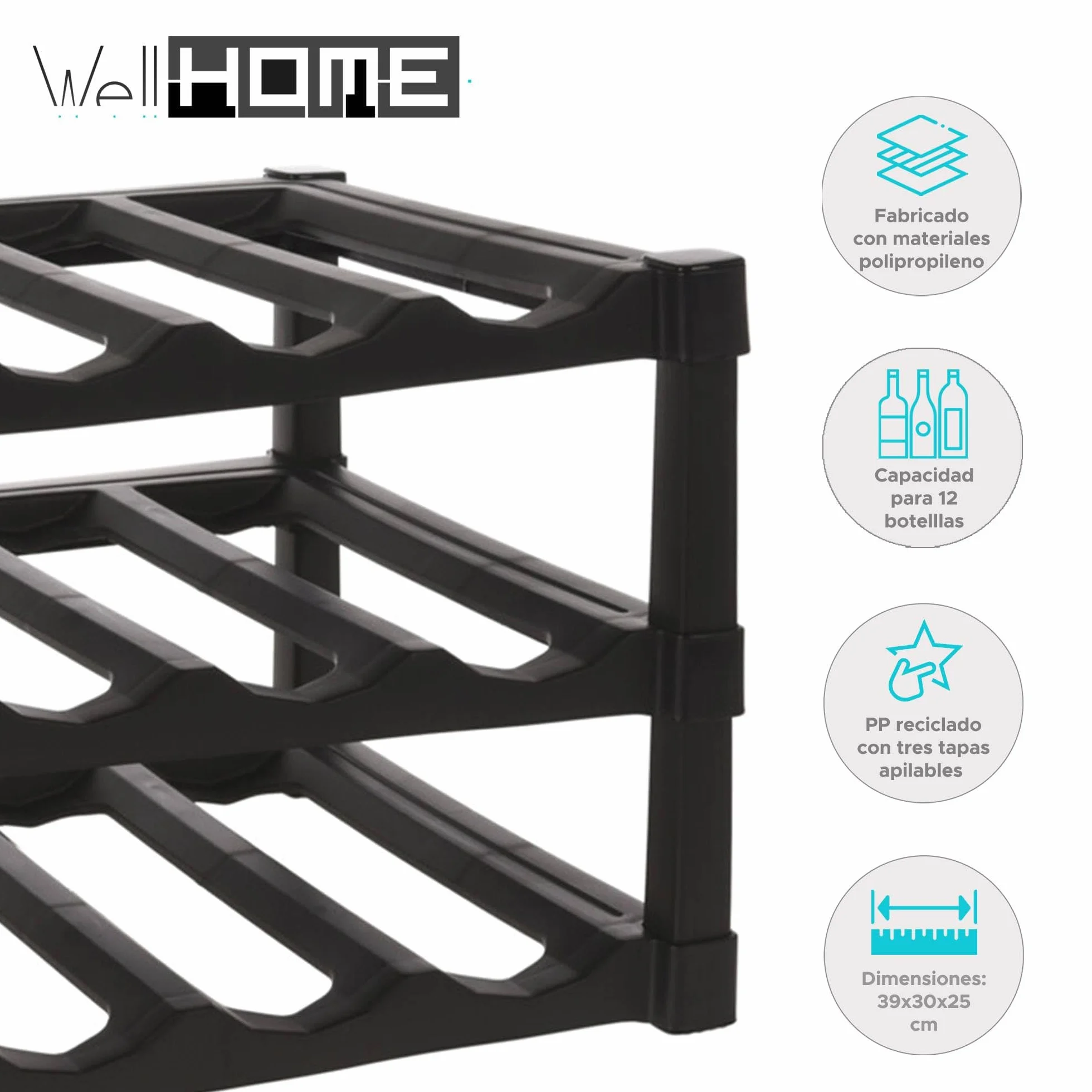 Well Home Botellero de 3 Capas Apilables de PP en Color Negro para 12 Botellas - 39x30xH25cm