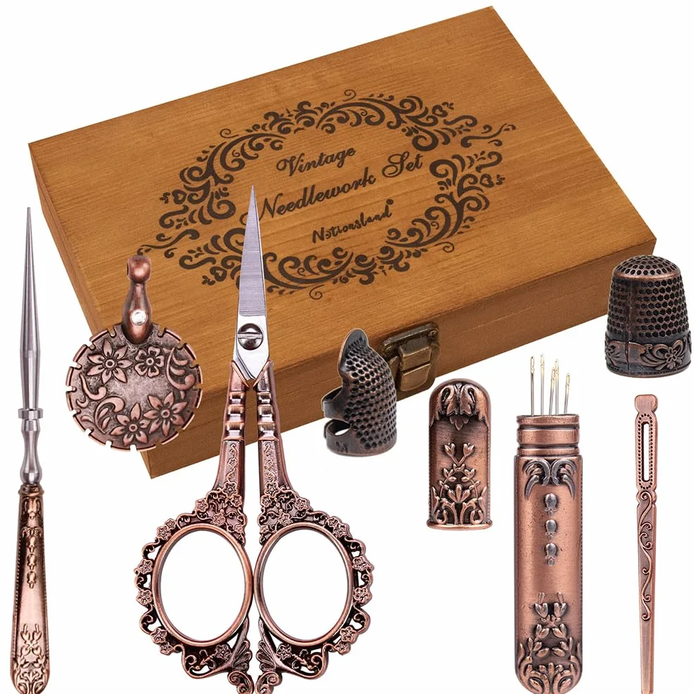 Juego de Tijeras para Bordar Plateadas, Herramientas de Costura de Acero Inoxidable de Alta Gama, dedal, punzón, Caja de Agujas para Coser, Manualidades, Costura
