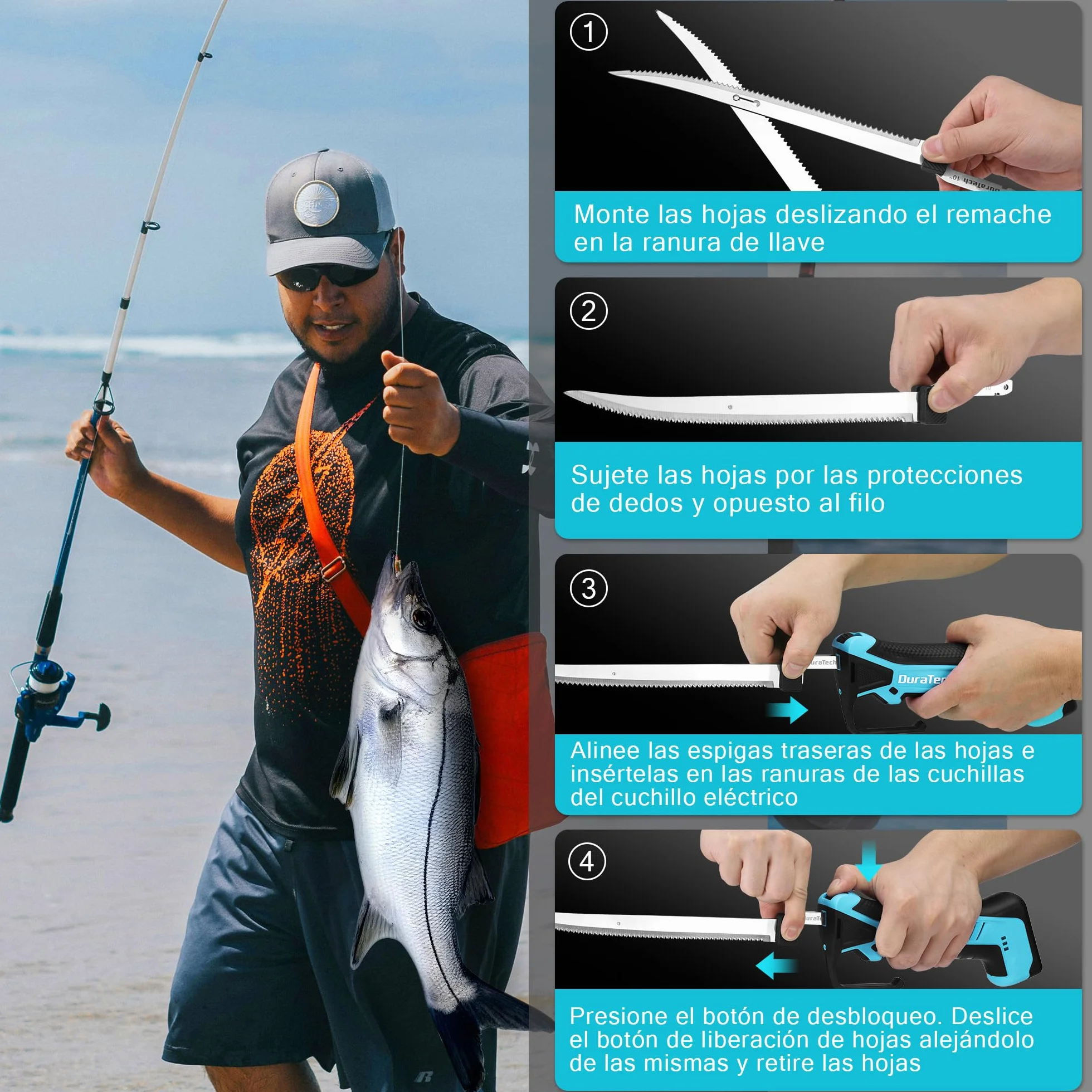DURATECH Cuchillo Eléctrico Inalámbrico 12V para Pescado, con Cuchillas de 20 cm y 25 cm, Cuchillo Eléctrico con Batería de 2000mAh, Mango Antideslizante para Pescadores y Cocineros