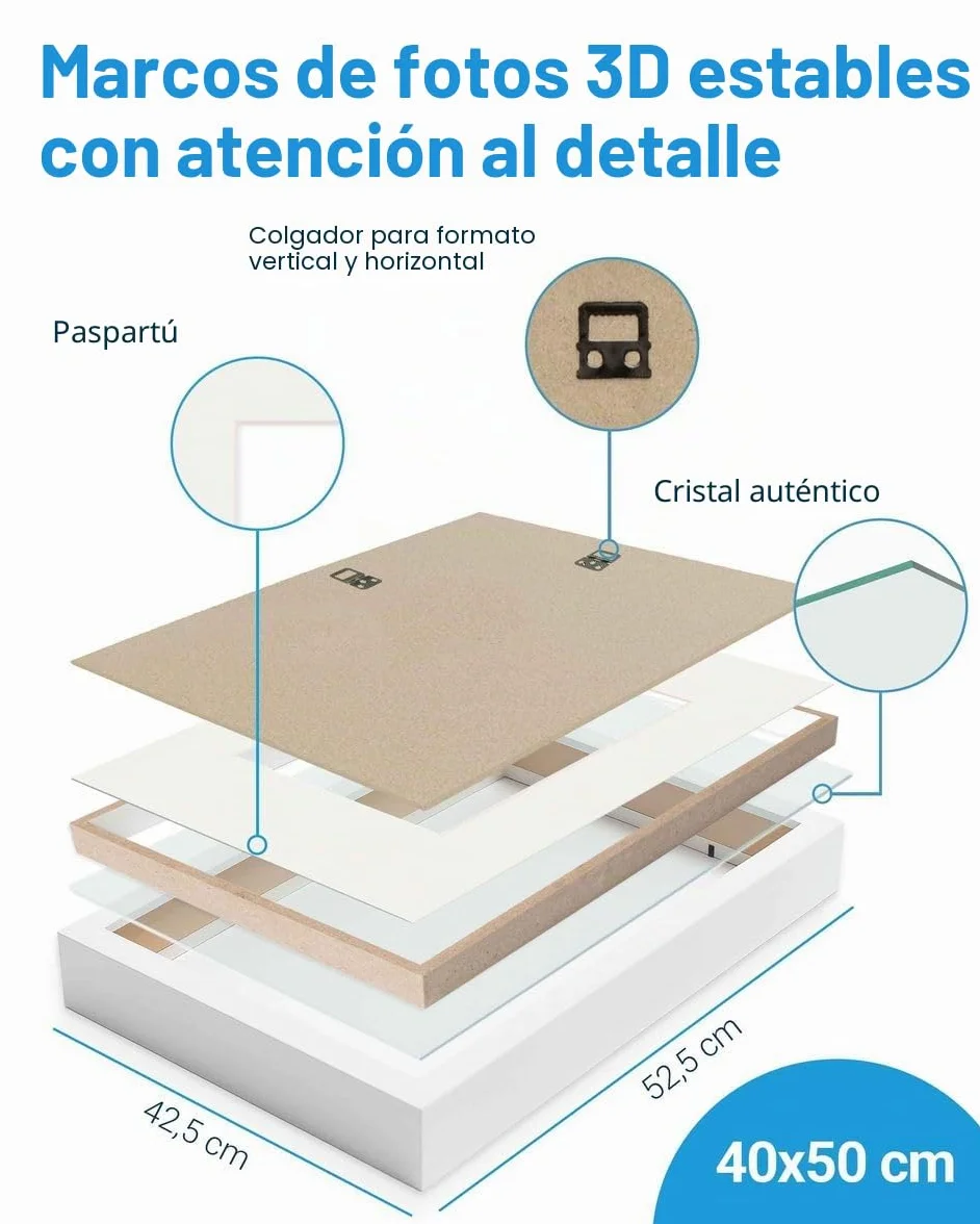 PHOTOLINI 3D Marco de fotos 40x50 cm para rellenar, blanco, marco con profundidad para objetos de hasta 3 cm, madera MDF con paspartú y cristal - para manualidades y como regalo