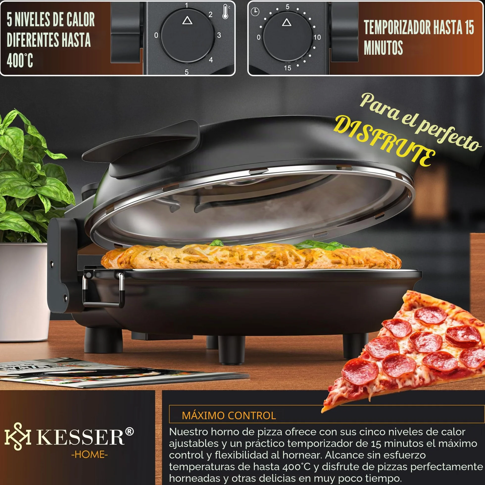 KESSER Horno eléctrico para pizza 400°C 1200W 32 cm placa piedra ignífuga temporizador 5 niveles