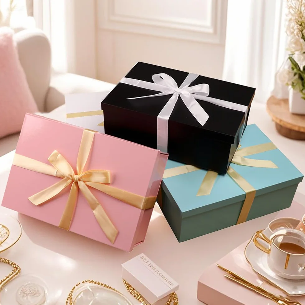 Caja de regalo Azul con tapa 31.5 x 21.5 x 11 cm, Cajas de Regalo Premium con Tapa y Cinta para Regalos de San Valentín, Navidad Incluye Papel seda triturado Tarjetas sobre
