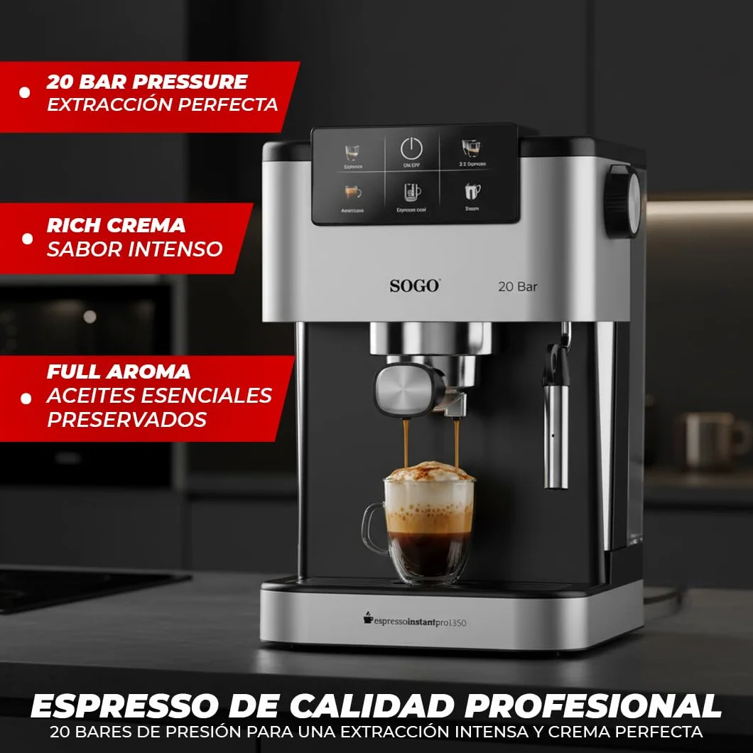 SOGO Máquina de Café Espresso 20 Bar con Pantalla Digital y Vaporizador de Leche – Cafetera para Café Molido y Cápsulas – Cafetera con Espuma Cremosa y Calentamiento Rápido – Limpieza Fácil