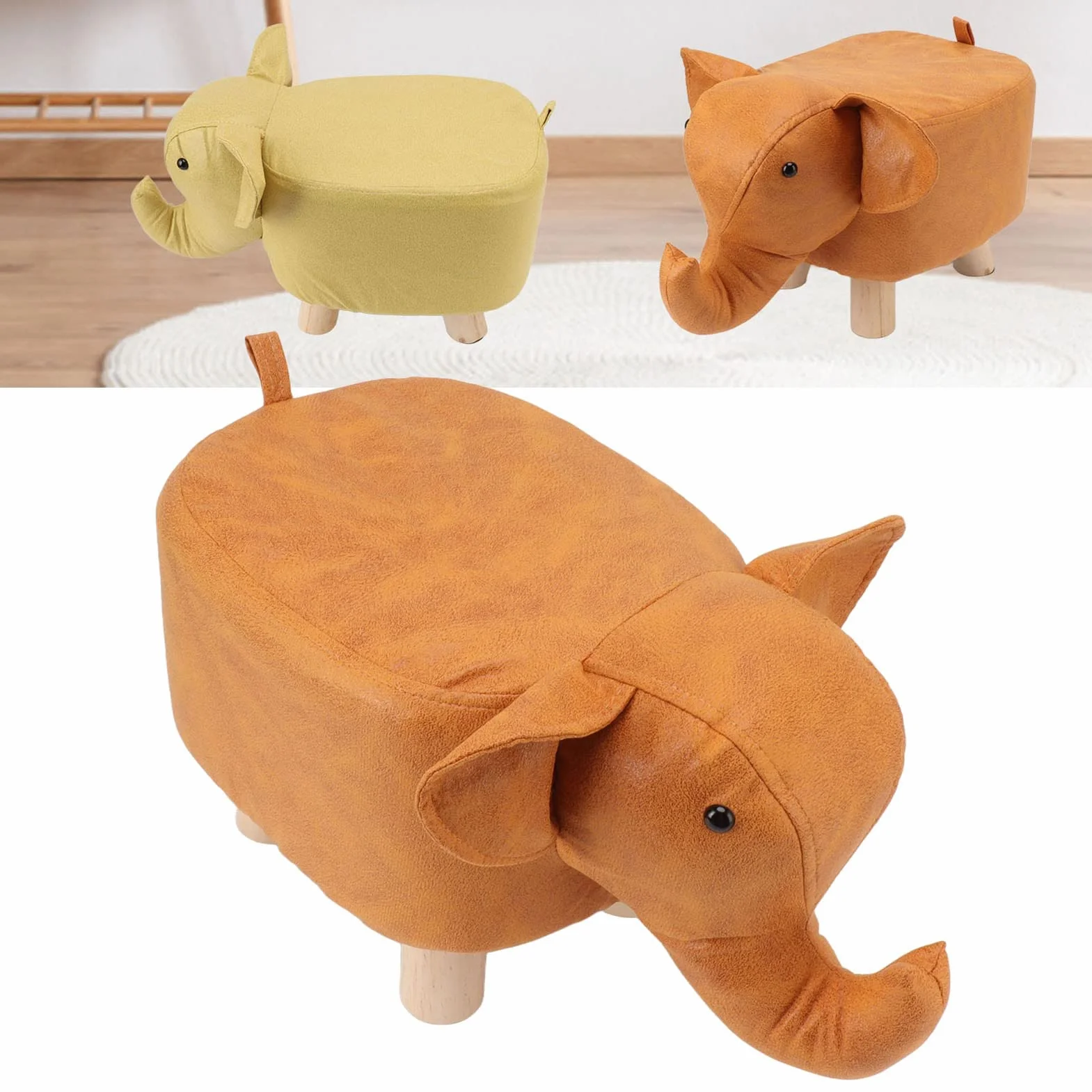 Taburete Tapizado Forma de Elefante Antideslizante para Guardería Dormitorio Sala de Juegos Naranja