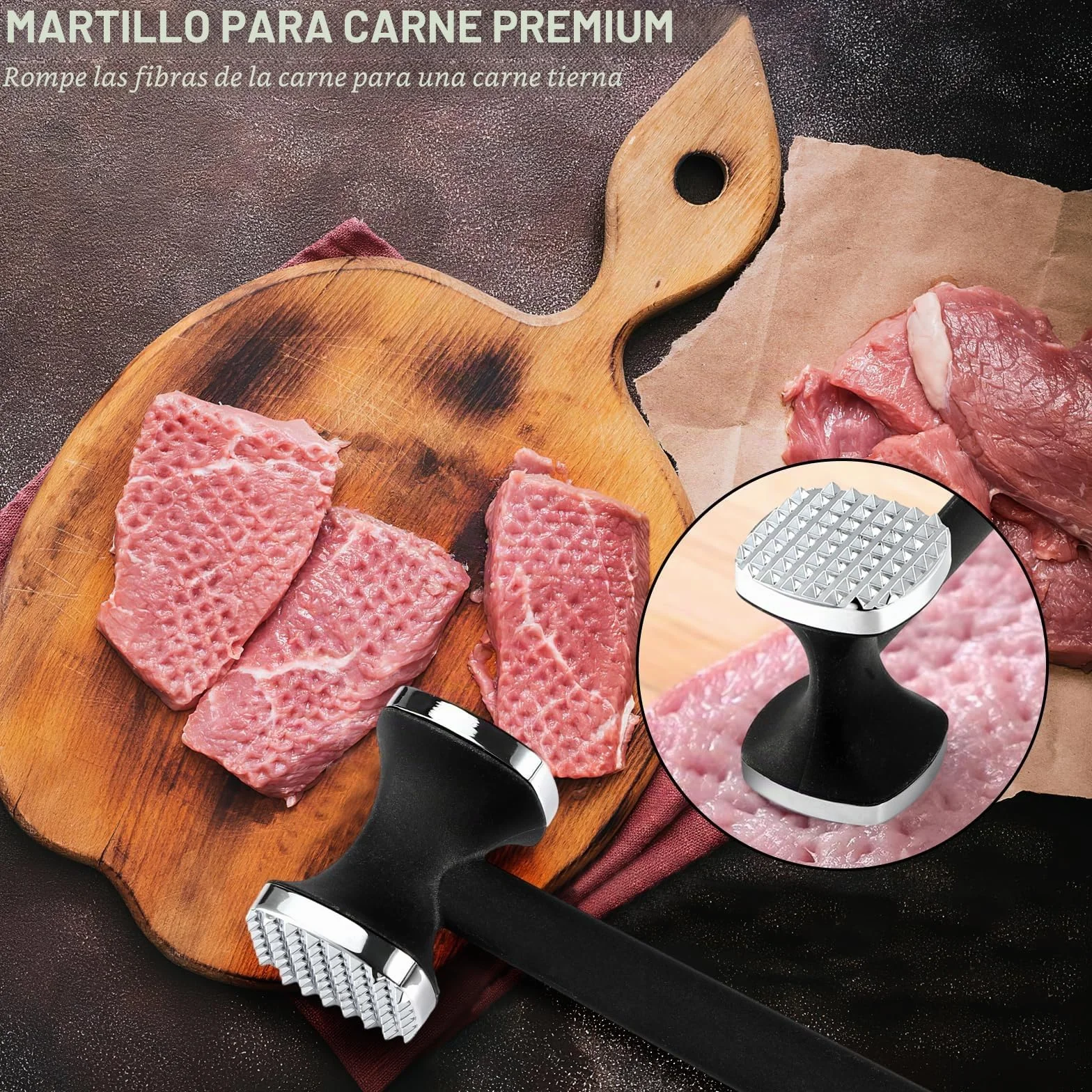 Martillo Ablandador de Carne Doble Cara de Acero Inoxidable para Cocina
