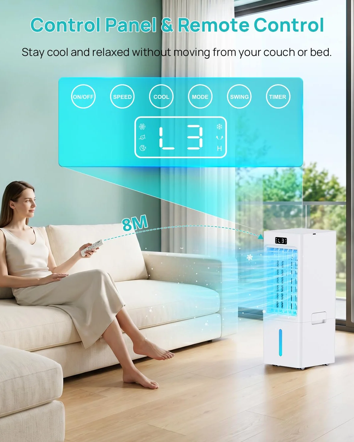 Aire Acondicionado Portátil 4 en 1, Enfriador de Aire 6L Tanque, 3 Modos, 3 Velocidades, 60° Oscilación, Temporizador 1-12 H, Control Remoto