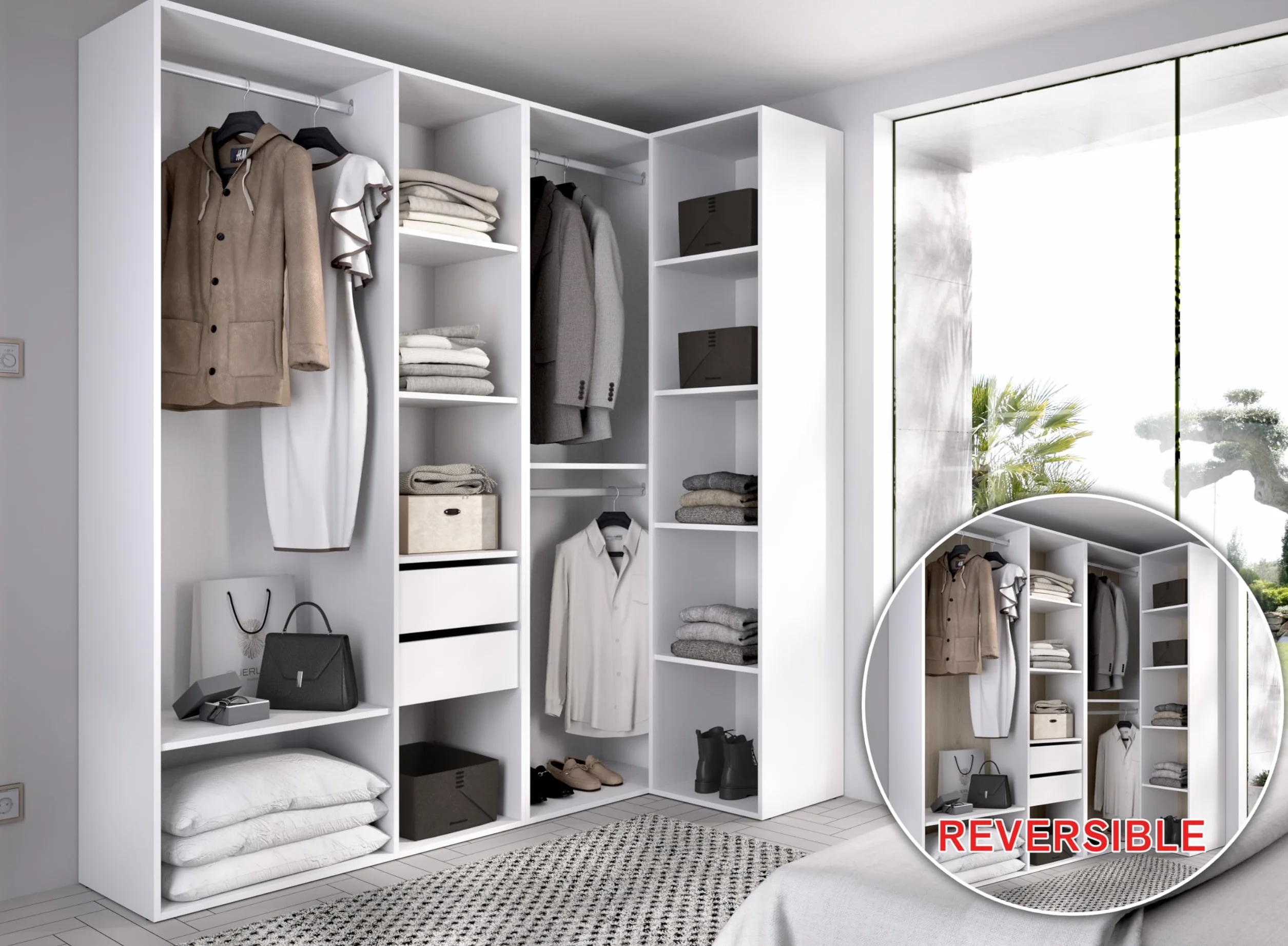 DEKIT GRUPO RIMOBEL SUIT - Conjunto de armario-vestidor rinconero con dos cajones - BLANCO/NATURAL - 205 x 1825 x 79,5