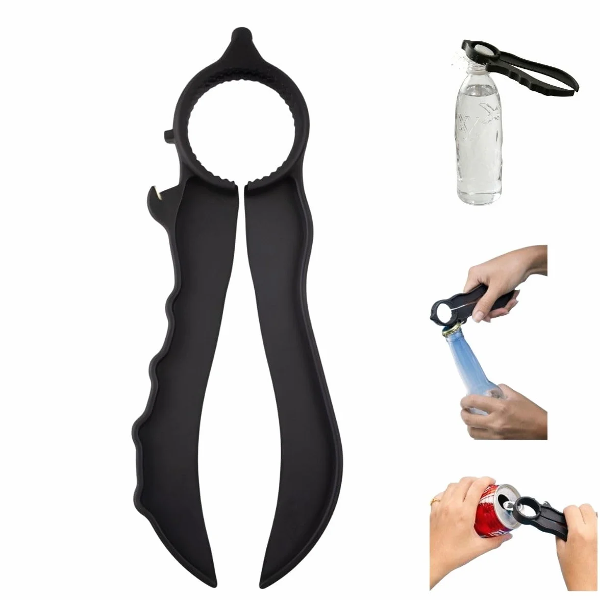 Mobiclinic®, Abrebotellas Ergonómico, Antideslizante, Multifunción, para Tapones, Botes y Latas, Ligero y Compacto, Fácil Uso, Personas Mayores y con Movilidad Reducida, Niños, Negro