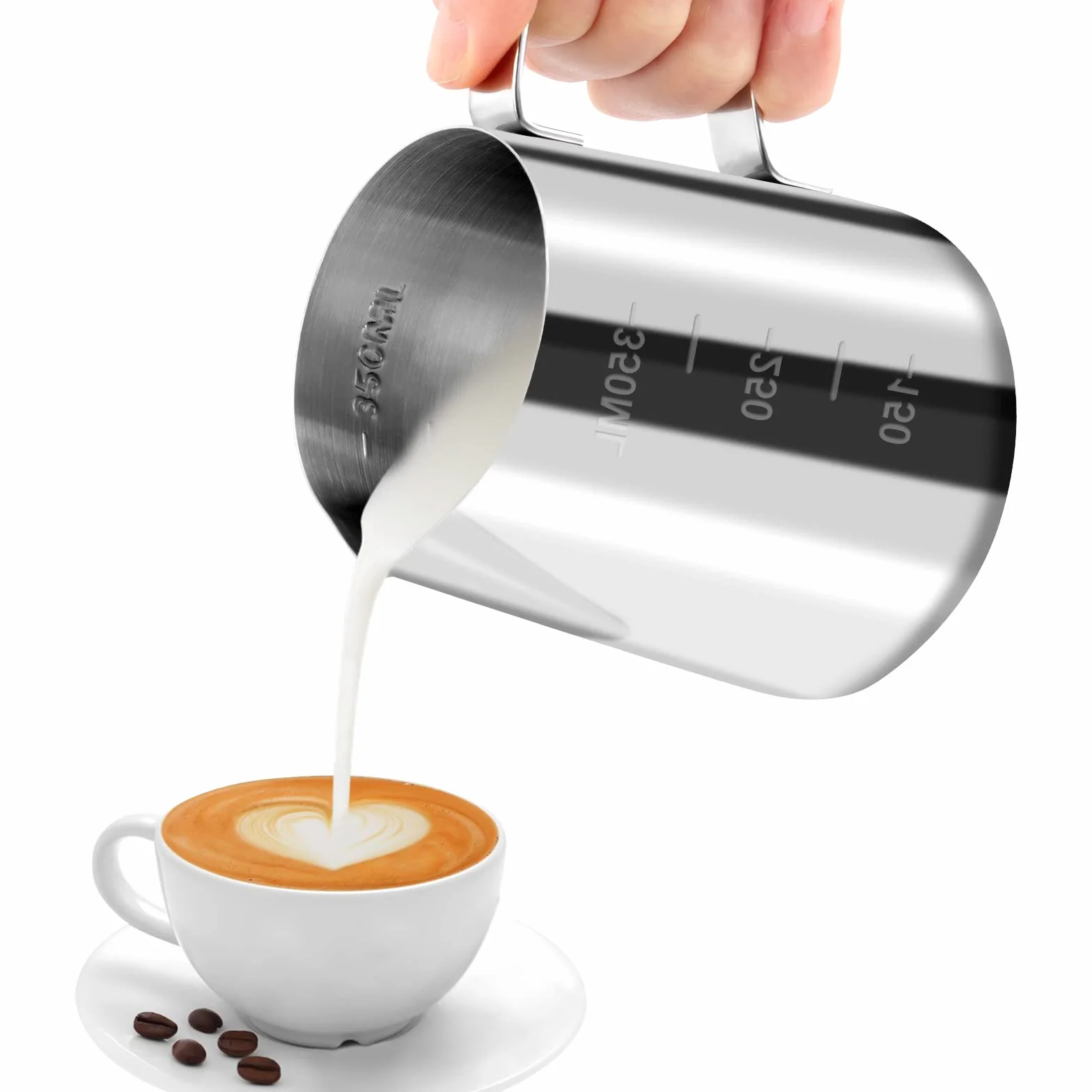 JOPHEK Jarra Barista 304 Acero Inoxidable, Jarra de Espuma de Leche, con Marca de Medición, Taza de Café para Espumar, para Capuchino, Espresso (350ML)