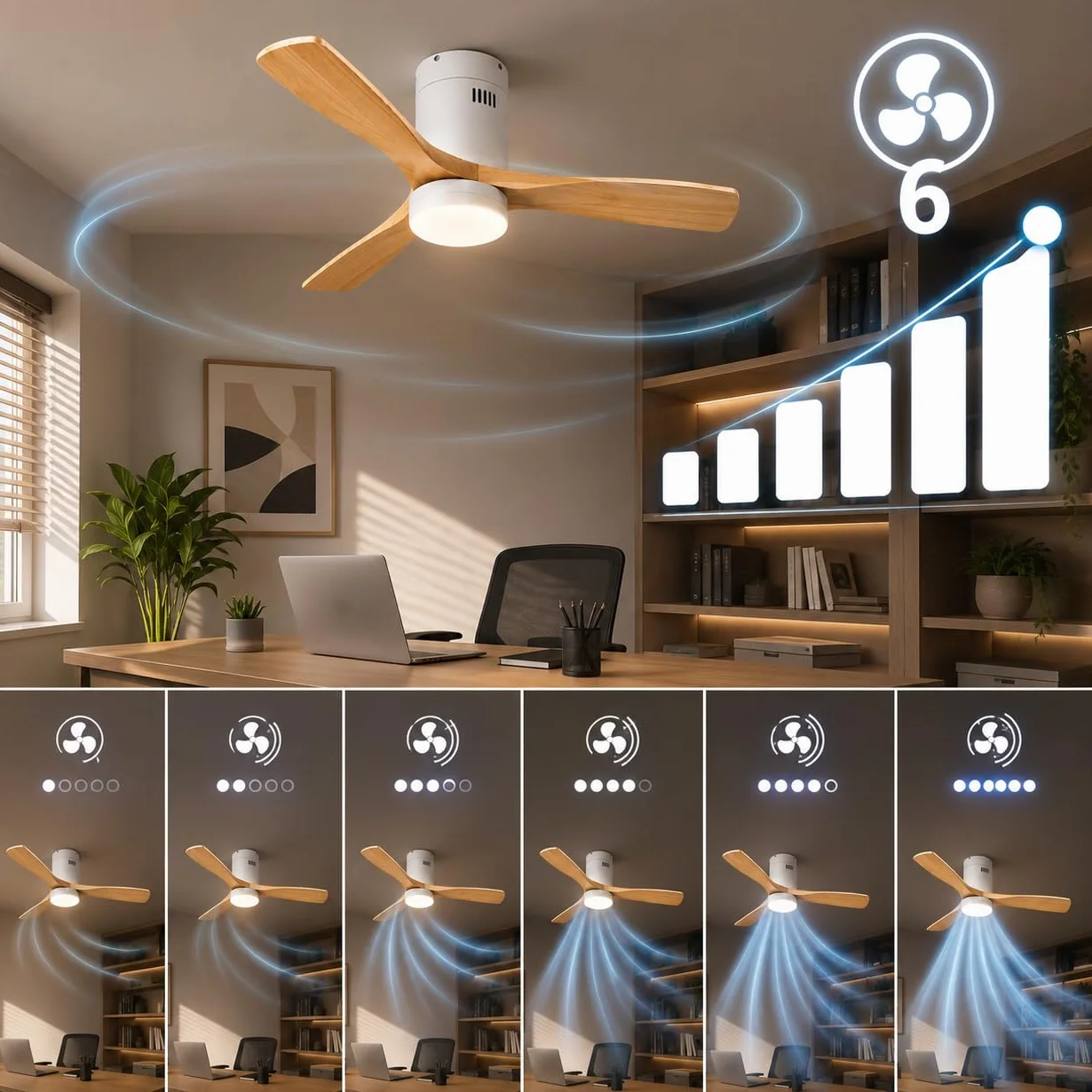 M mimotec - Ventilador Techo Energy con Luz LED Regulable en intensidad, Motor DC Silencioso, Aspas Efecto Madera Ø132 cm, Mando, 6 Velocidades, 3 Temperatura de Luz, Temporizador, Verano/Invierno