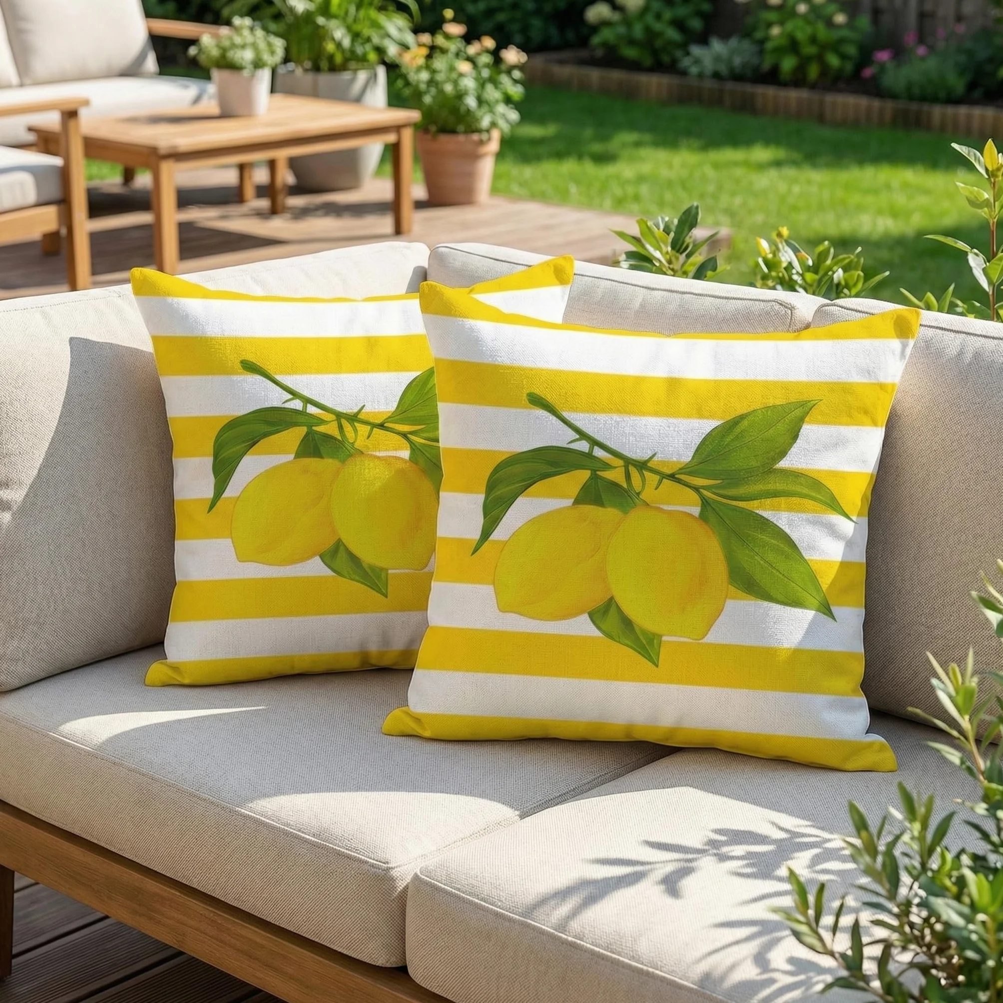 Funda de cojín impermeable 40x40 cm juego 2 unidades diseño limón flores decorativa moderno jardín sofá balcón