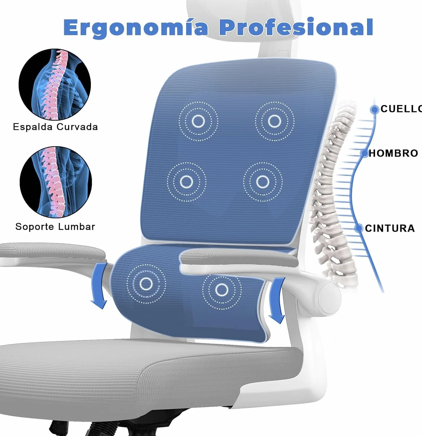 Silla Oficina Ergonómica con Soporte Lumbar Dinámico, Reposabrazos Abatibles, Ajuste de Altura, Balanceo 120°, Gris