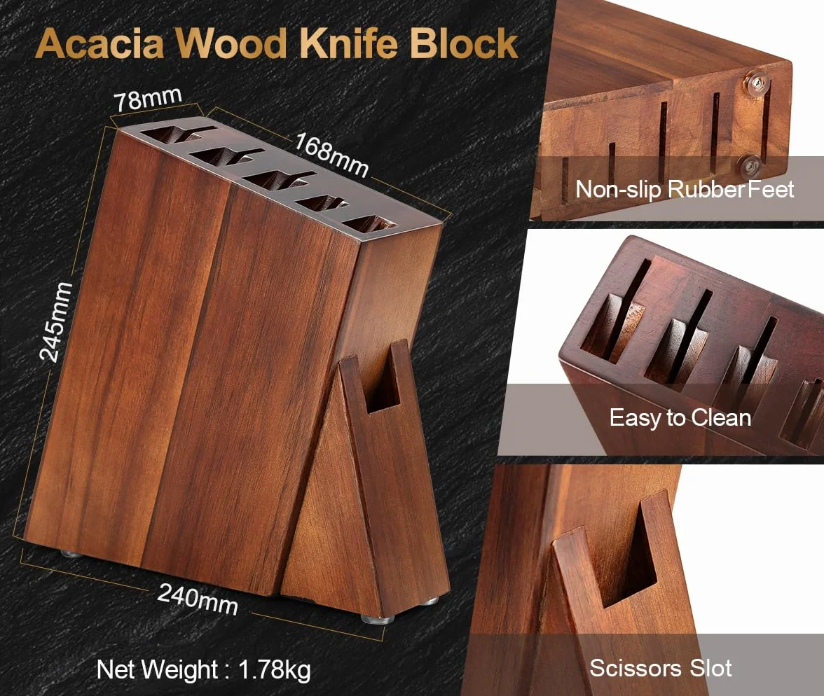 XINZUO Acero Damasco 7 Piezas Set Cuchillo profesional de chef Santoku con Bloque de Madera, Fileteador Universal Fruta,Tijeras de Cocina Multifuncionales con Mango de Pakkawood -Ya Serie