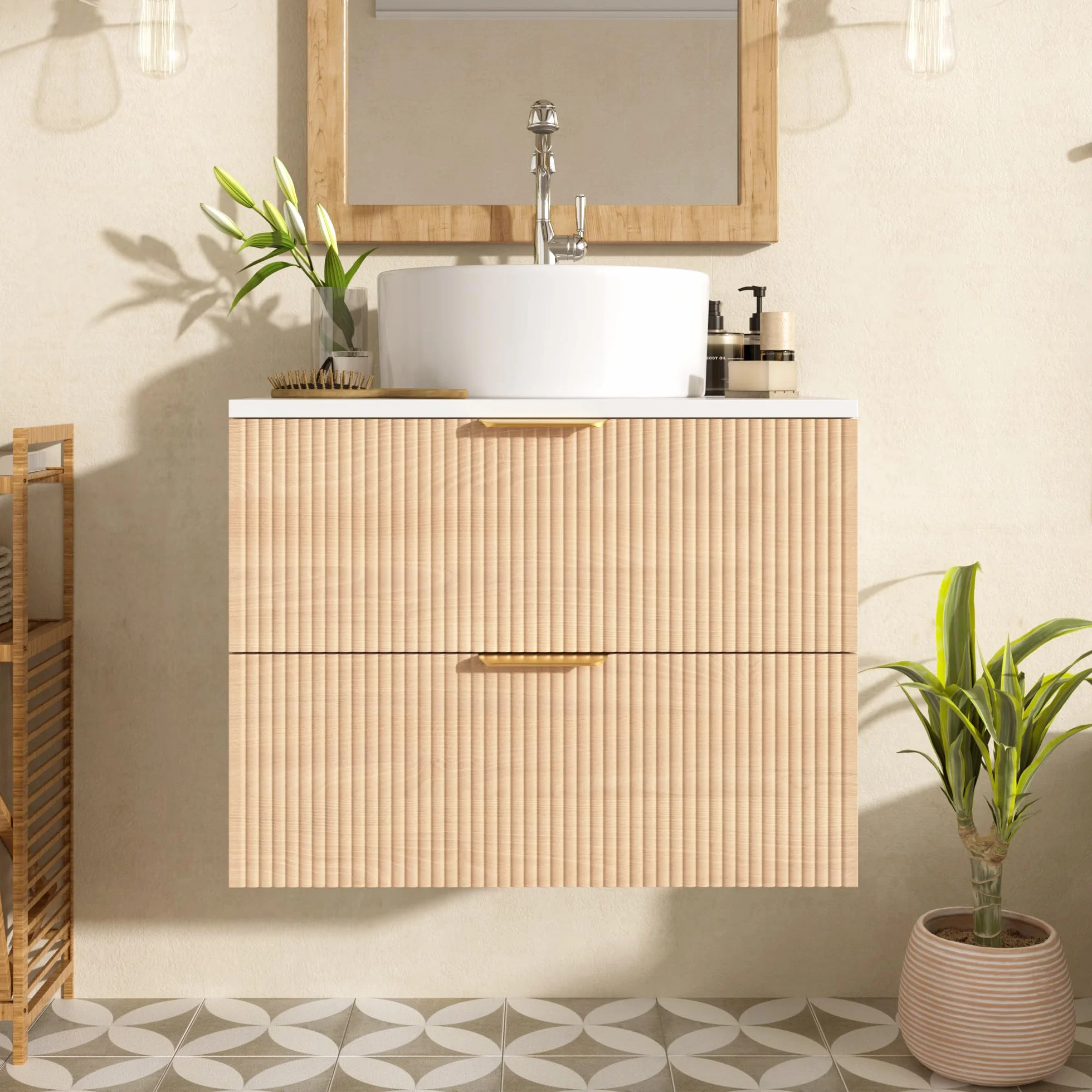 Armario de baño de 60 cm montado en la pared con lavabo de cerámica redondo, frentes de cajones con aspecto de madera con diseño de rayas simples, tablero MDF de alta calidad, gran capacidad de