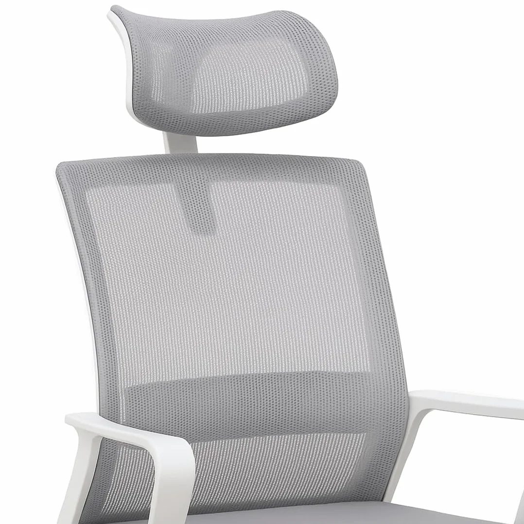 Silla de Oficina Ergonómica Acomoda Textil con Respaldo de Malla, Asiento Tapizado, Altura Regulable, Base Resistente con Ruedas, Blanco-Gris