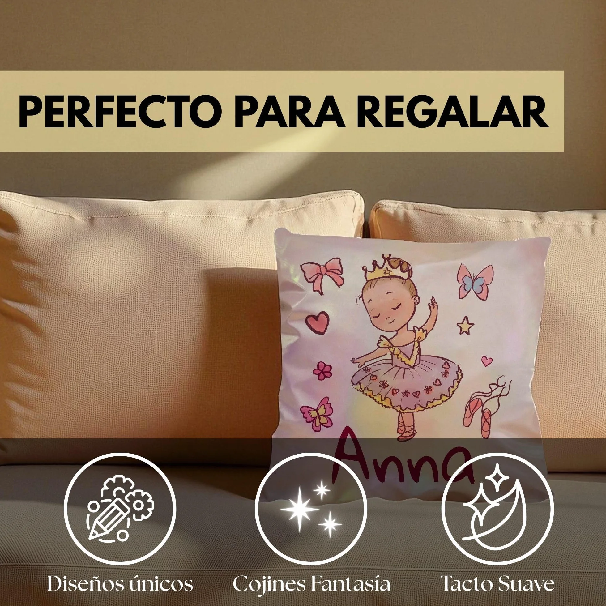 LolaPix Cojin Personalizado Mágico 40x40cm. Cojin Guarderia. Cojines Infantiles Personalizados. Cojín Infantil con Nombre 3 Colores Disponibles. Cojines Fantasía 40x40cm. Bailarina