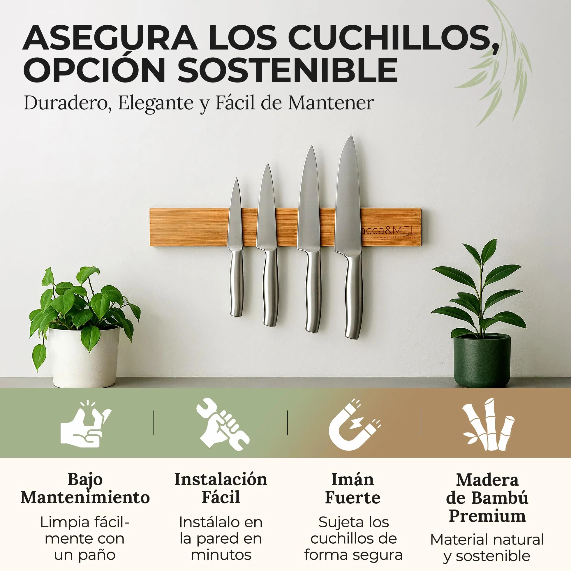 Barra Magnética Cuchillos Pared 40 cm Imán de Cocina Bambú Natural Extra Fuerte Porta Cuchillos Adhesivo Tornillos Organizador con Afilador