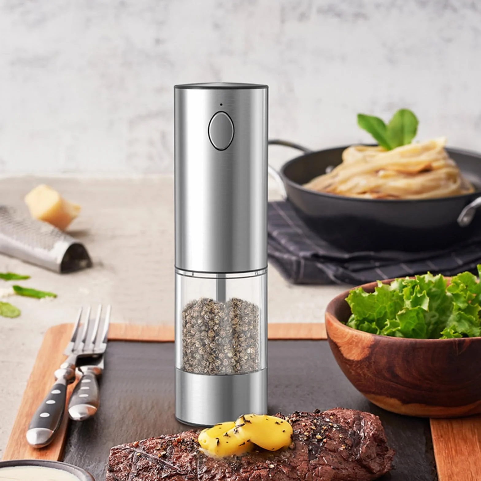 Molinillo Pimienta Electrico,Juego de Molinillo Eléctrico de Sal y Pimienta a Pilas,Luz LED Blanca,Grosor Ajustable y Operación Automática con Una Sola Mano,Saleros de Cocina para BBQ y Hogar