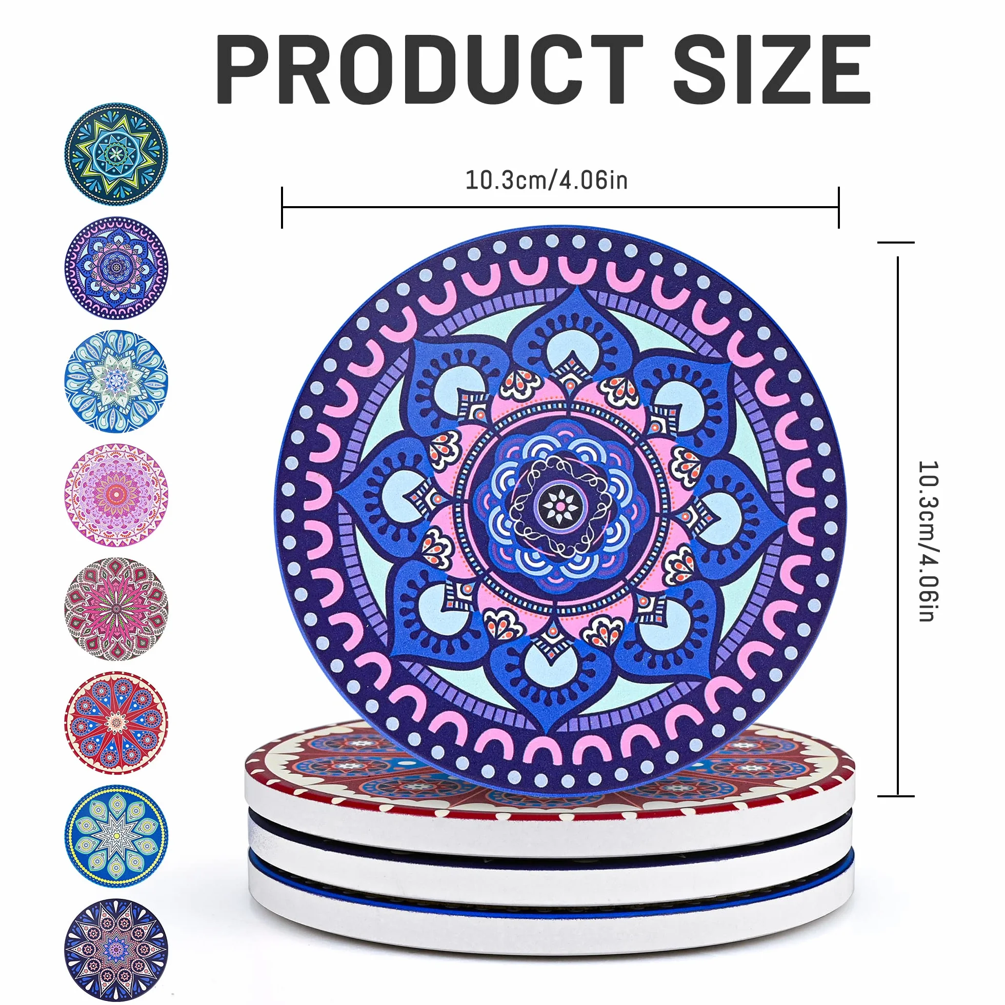 Mandala Juego 8 Posavasos Cerámica Redondos 4 Pulgadas Soporte Bebidas Absorbente Base Corcho Antideslizante