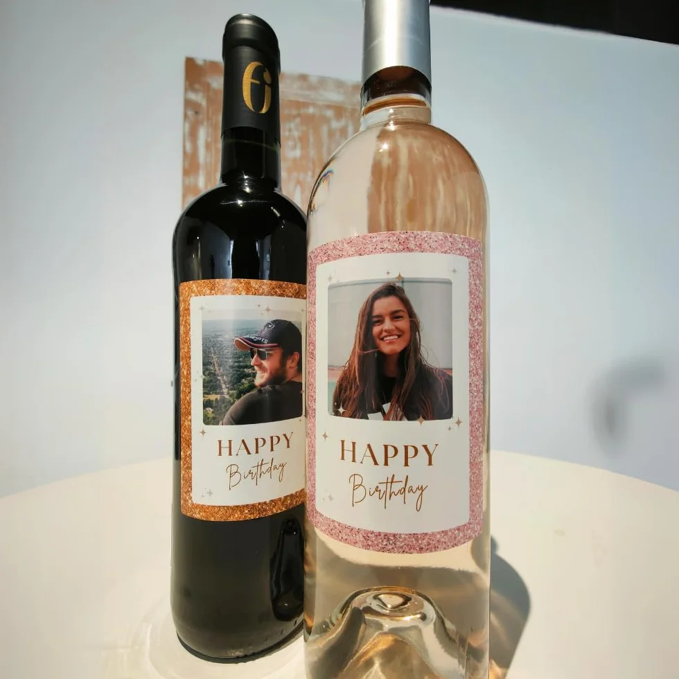 Etiquetas personalizables para botellas de vino (paquete de 2)- Happy Birthday - Añade tu foto - regalo único - Cumpleaños - Etiqueta personalizada - Regalo personalizado