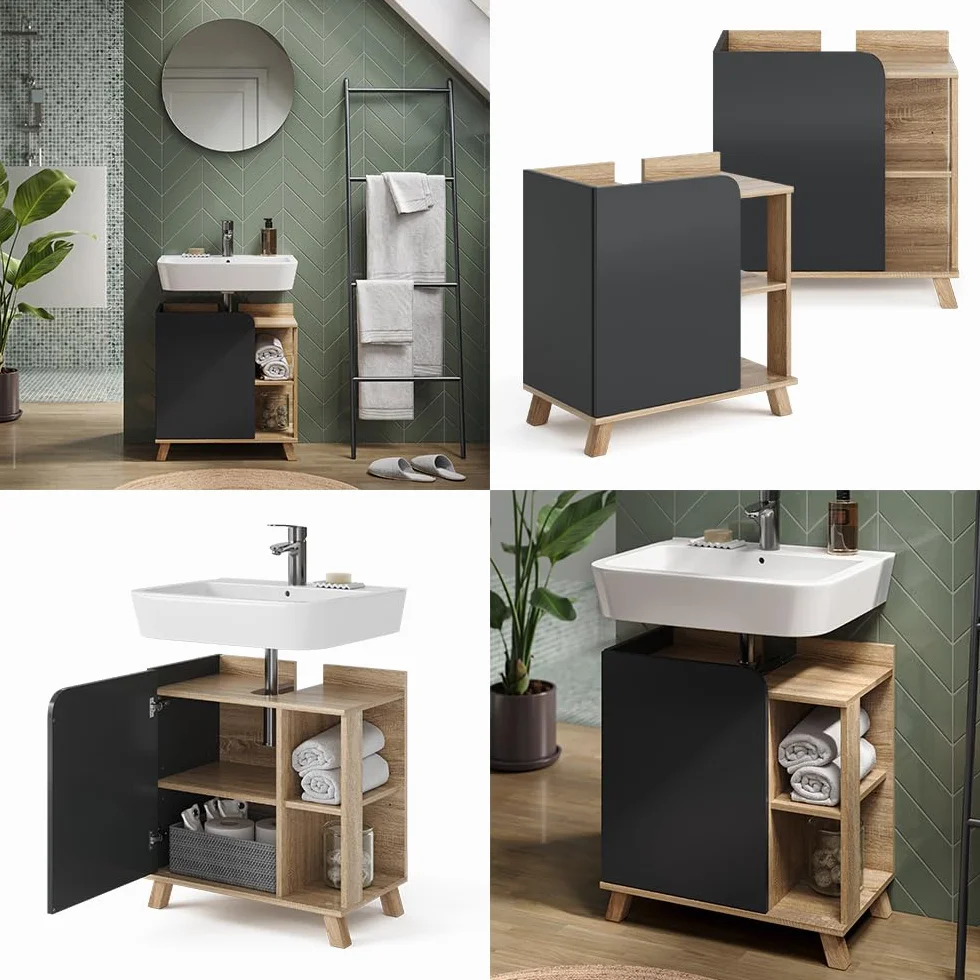 Vicco Mueble bajo Lavabo Karen, Sonoma/Antracita, 60 x 65 cm con Puerta y Compartimentos Abiertos, con Recorte para sifón para instalación Debajo del Lavabo