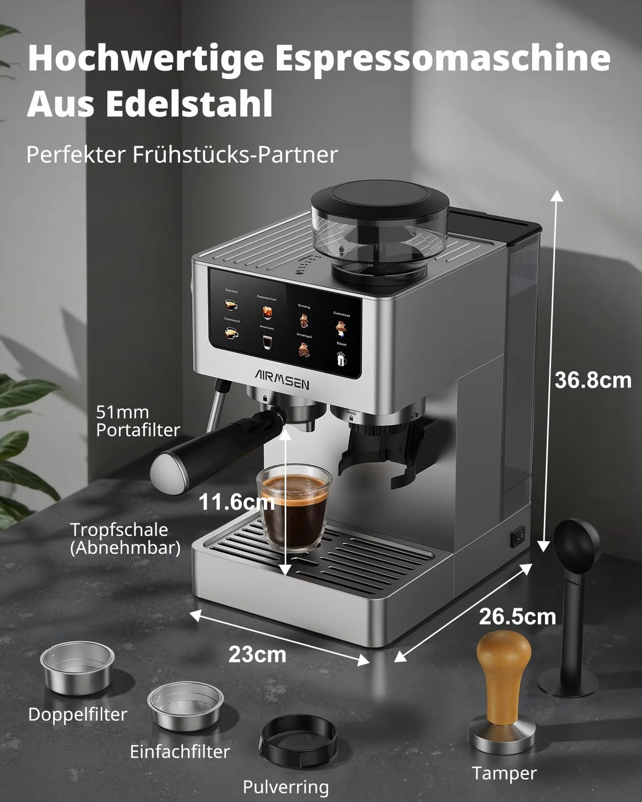 AIRMSEN 20 Bar Cafetera de Café Espresso con Molinillo Cónico y Vaporizador de Leche, Programable, Pantalla Táctil, Fabricada en Acero Inoxidable, 1.8L - Café Cold Brew y Americano, Espresso y Leche