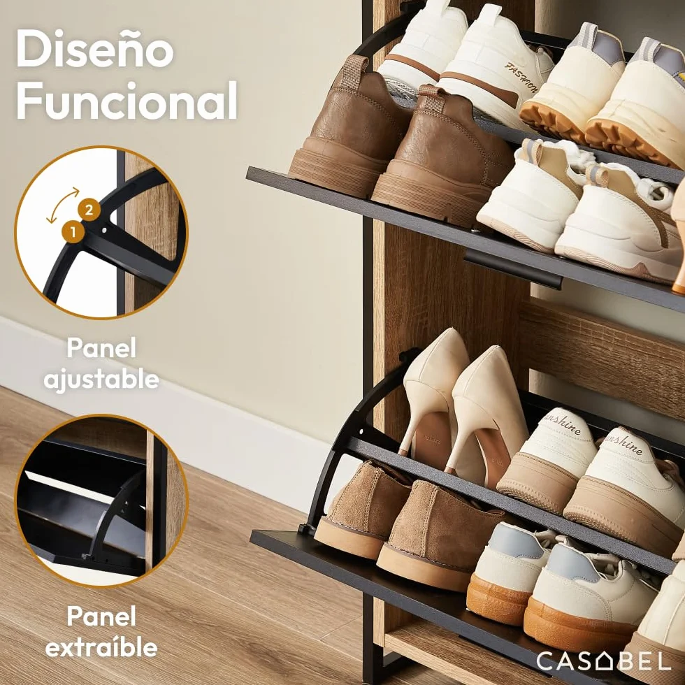 CASABEL Mueble Zapatero 18 Pares, 3 abatibles, Mueble Zapatero de Entrada con Estructura metálica Reforzada Negro, abatibles Madera Clara, instalación rápida, 23,5x63x119cm