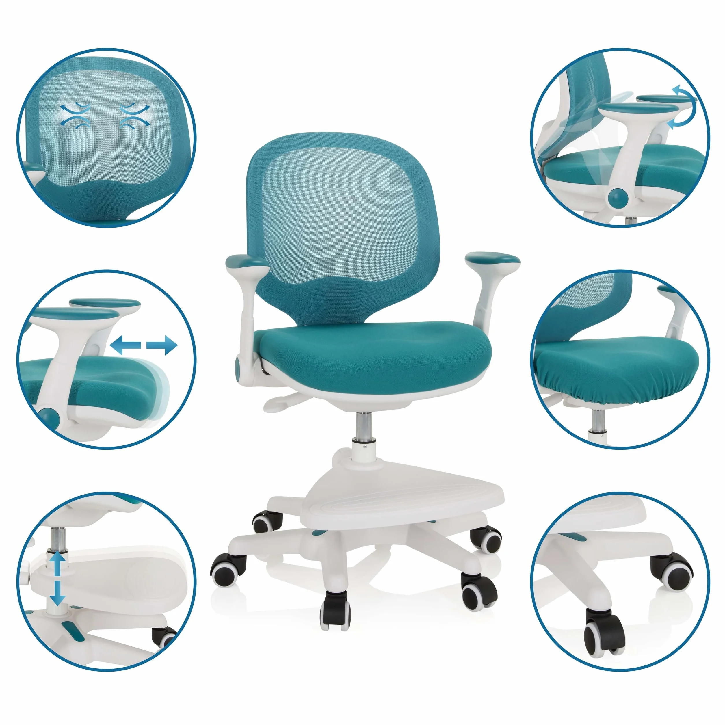 hjh OFFICE Silla para niños Silla giratoria Kid Ergo Tela/Tejido de Malla Práctico reposapiés Regulable en Altura Azul