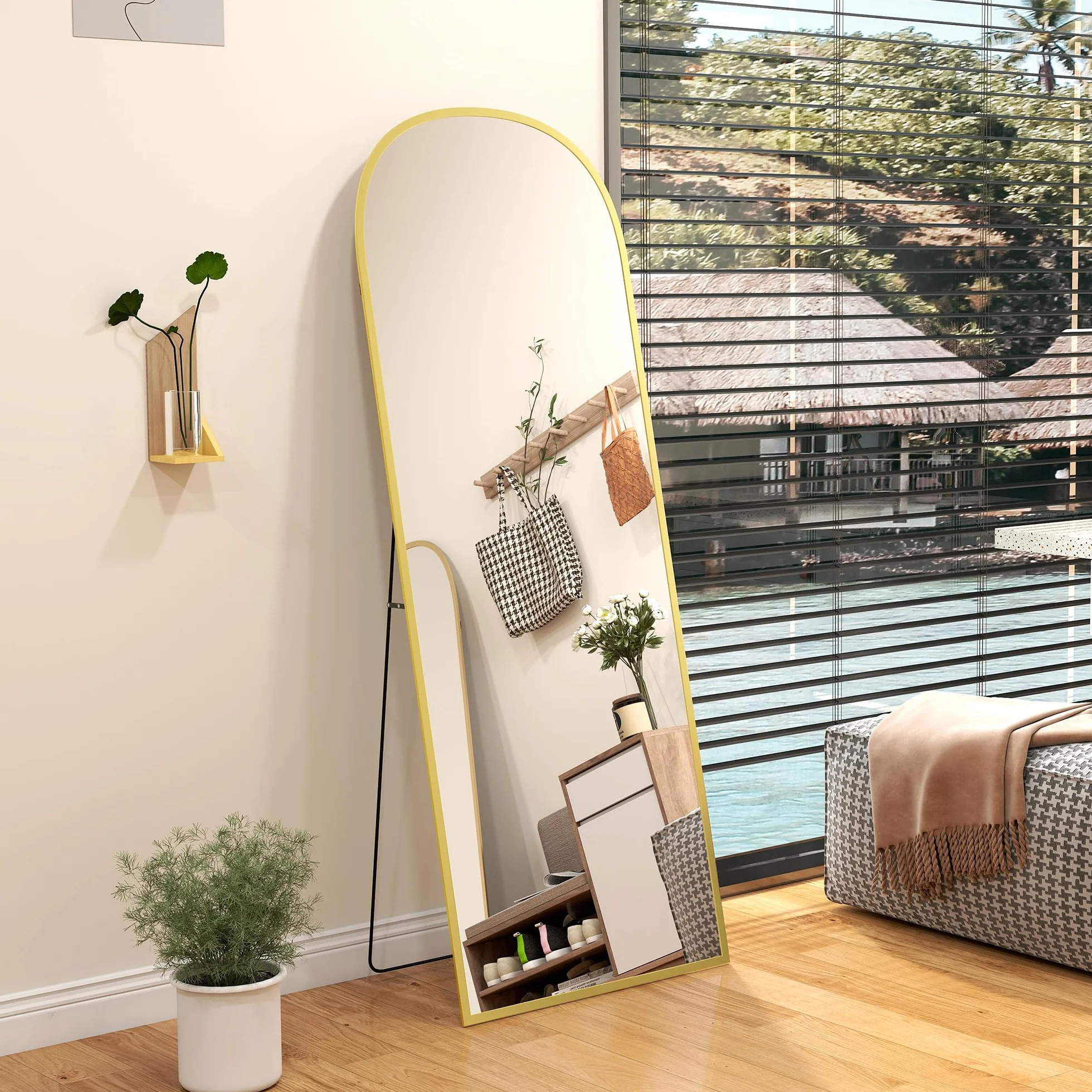 HOMCOM Espejo de Pie Cuerpo Entero de Aleación de Aluminio Espejo de Pared con 2 Formas de Uso Rectangular 60x1,5x165 cm Dorado
