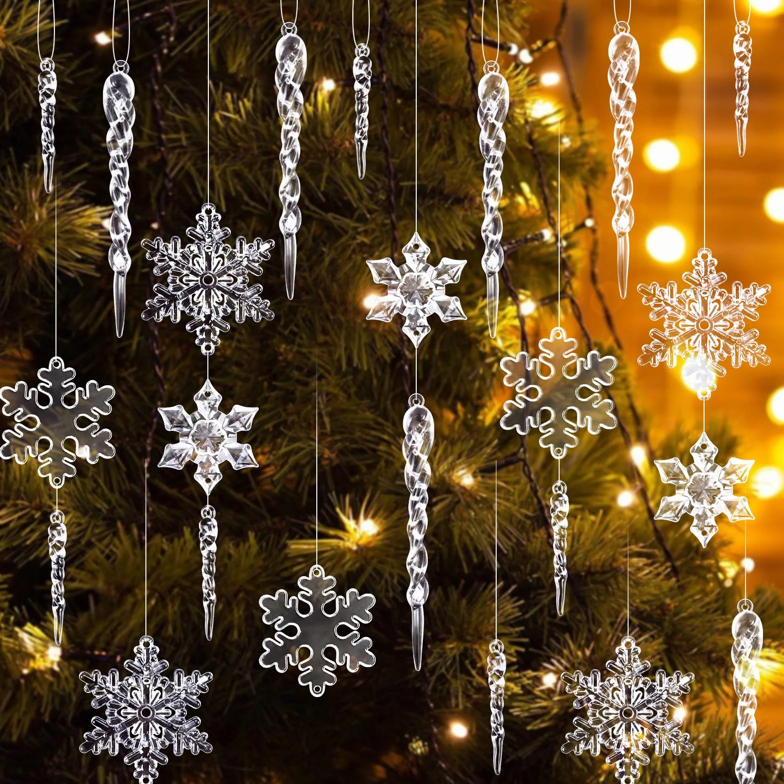 MELLIEX 32 Piezas Adornos Navidad Carámbano Copo de Nieve Acrílico Transparente Colgante Árbol Navidad
