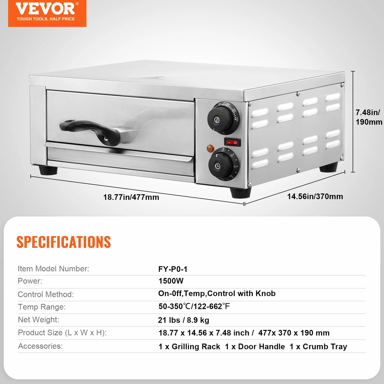 VEVOR Horno de pizza eléctrico 12 pulgadas 1500 W control temperatura temporizador