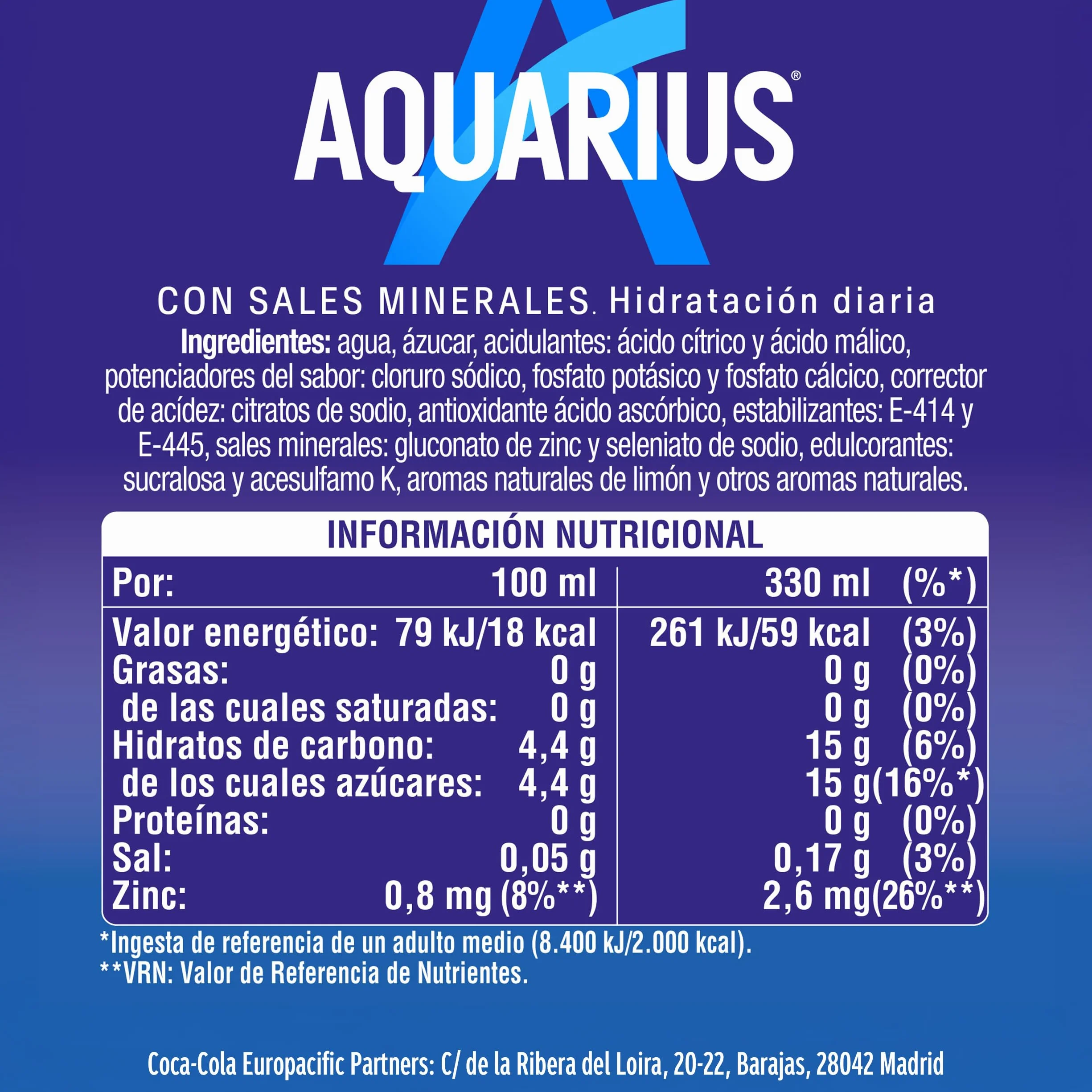 AQUARIUS Limón Bebida Hidratante con Sales Minerales Baja en Calorías 9 x 330 ml