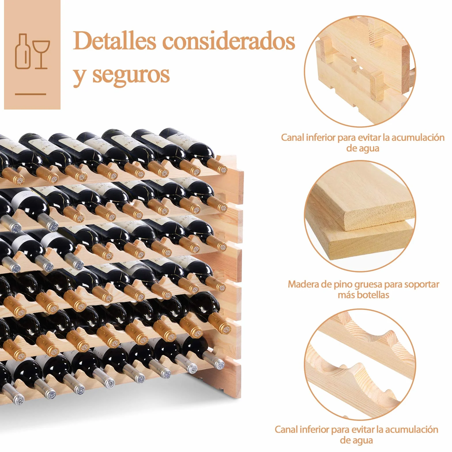 COSTWAY Botellero Vino de 6 Niveles, Botellero Apilable para 72 Botellas de Madera de Pino, Soporte para Botellas de Vino con 6 Opciones de Altura, Carca máx 90kg, para Cocina y Bar, 119 x 29 x 72 cm