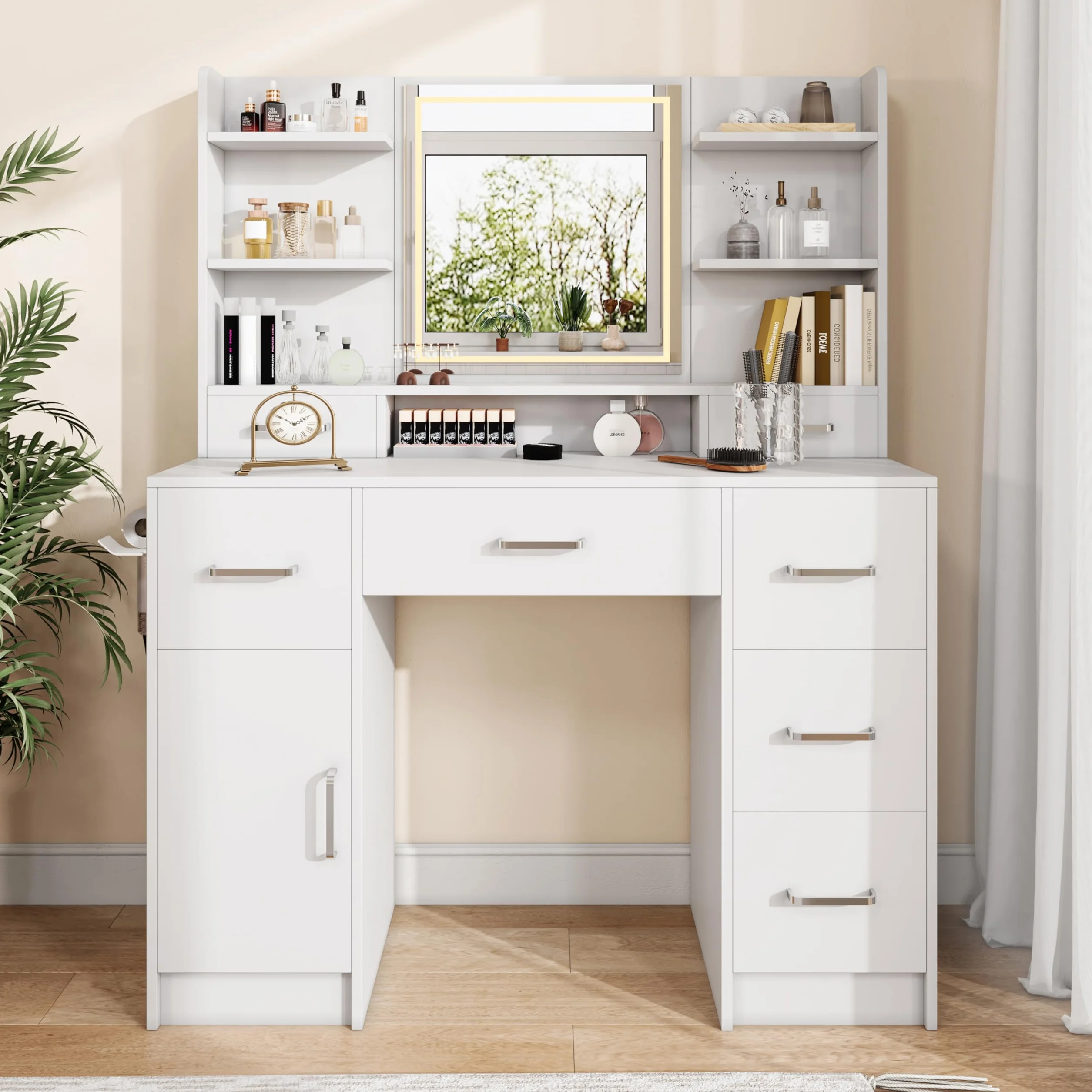Tocador grande con iluminación LED ajustable y enchufes, tocador con espejo y secador de pelo, 7 cajones, 4 estantes abiertos y 1 armario de almacenamiento para dormitorio, color blanco