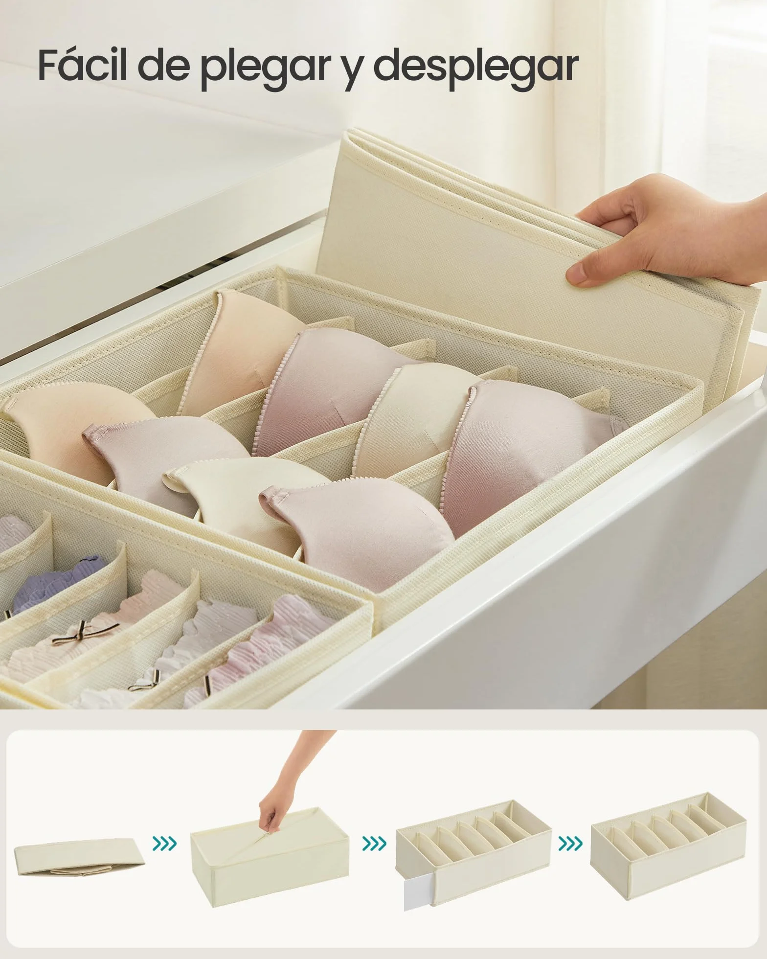 SONGMICS 8-Pack Organizadores para Cajones de Ropa Interior, Divisores Plegables, Cajas de Tela para Armario, Beige