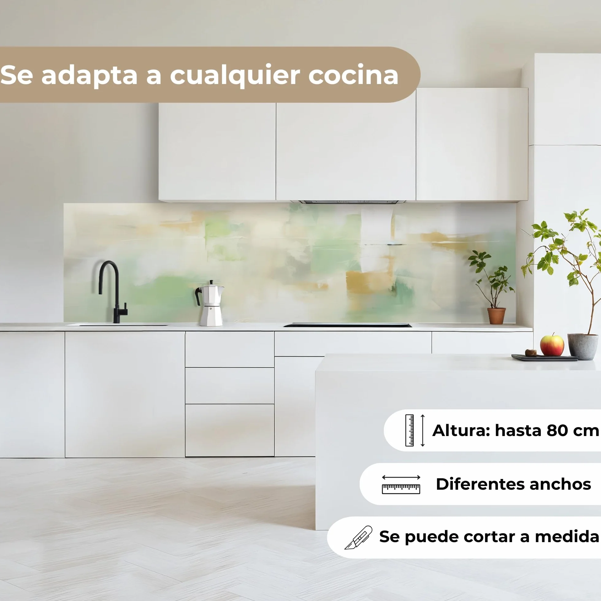 KitchenYeah© Antisalpicaduras Cocina 80x300 cm Adhesivo Salpicadero Protector Salpicaduras Kitchen Abstracto - Arte - Blanco - Verde - Moderno