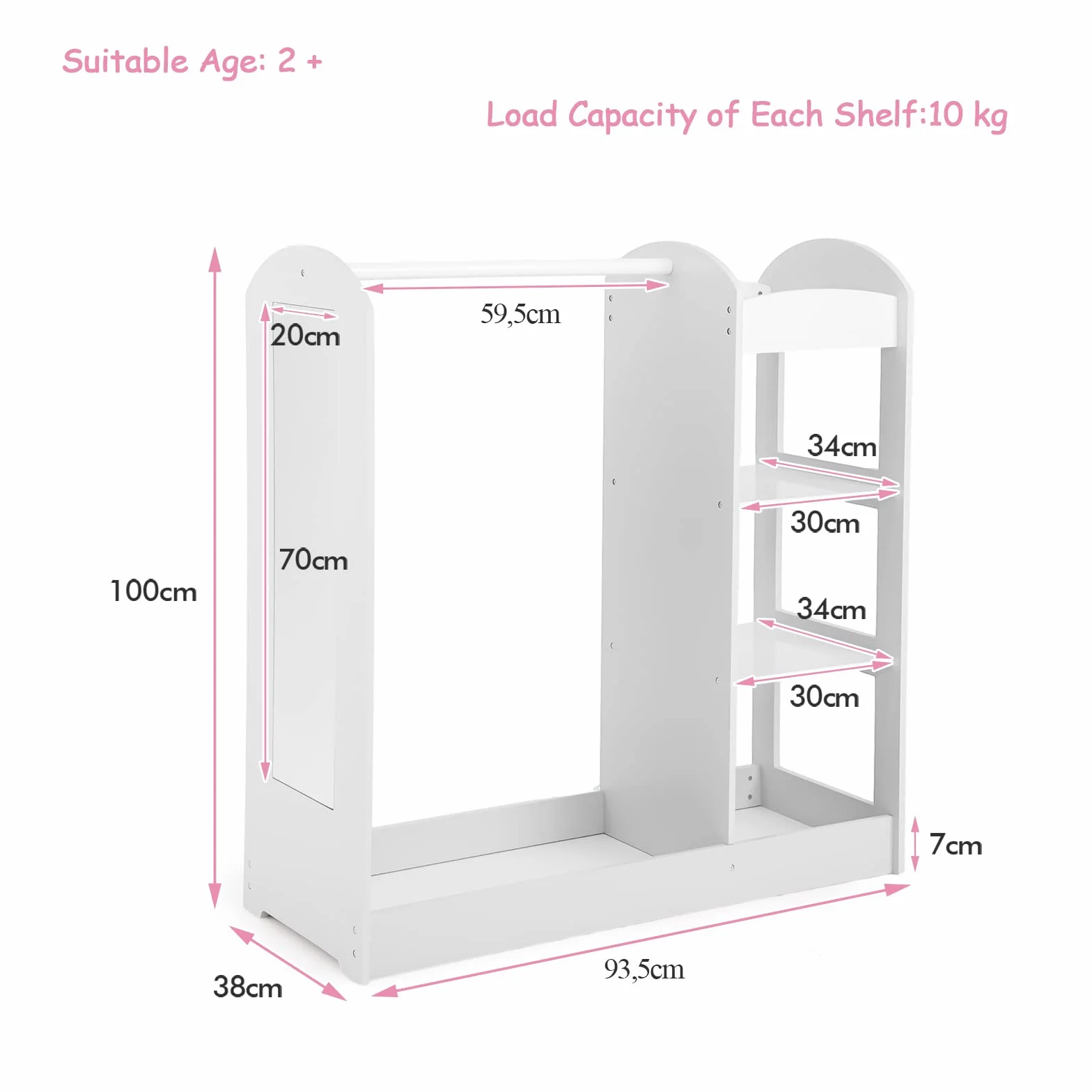 LIFEZEAL Armario infantil de ropa con perchero y estantes, organizador de madera con espejo entero, 93,5 x 38 x 100 cm Blanco