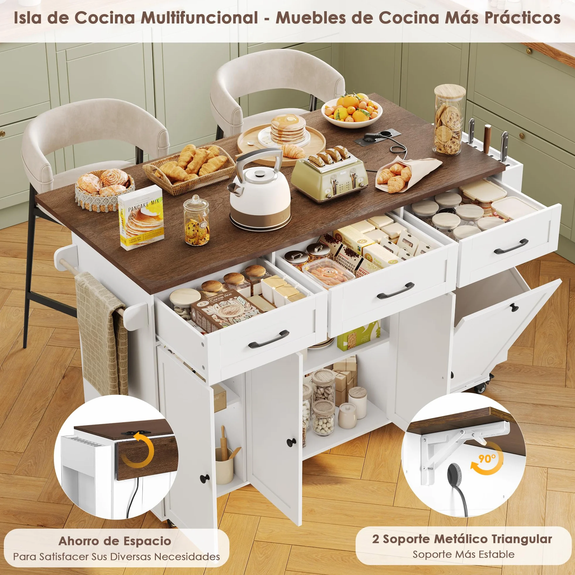 FirFurd Isla Cocina con Ruedas Carro de Cocina Carrito de Comedor Aparador con 3 Cajones Mueble Cocina Auxiliar con Mesa Plegable, Eenchufe, Especiero y Toallero, Blanco 135x60x88cm
