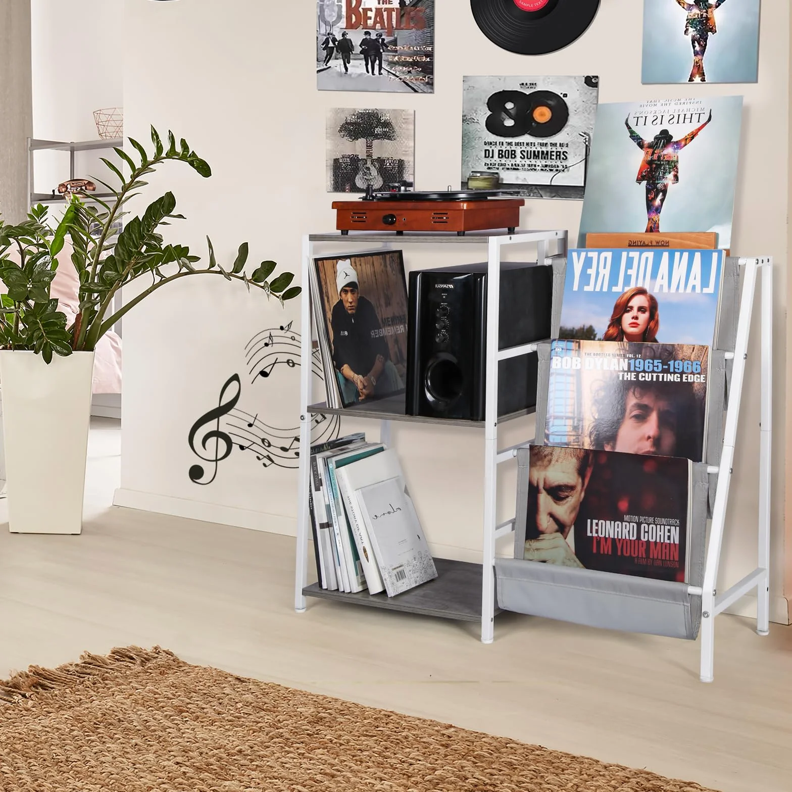 Mueble Tocadiscos con Soporte Vinilos de 3 Niveles, Mesa Reproductor Vinilo, Gris y Blanco