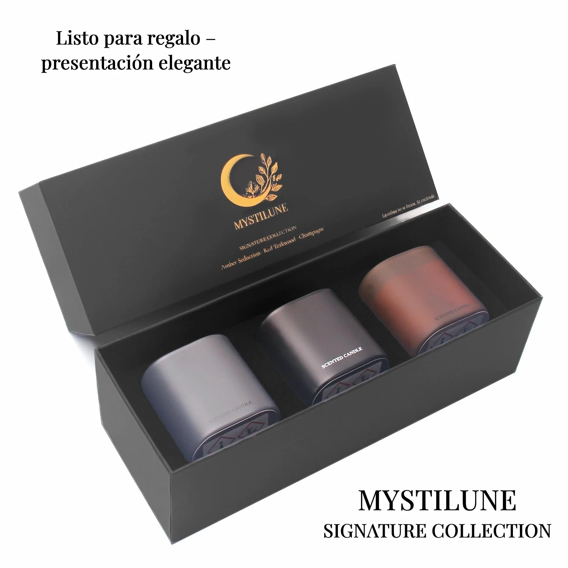 Signature Collection – Set de 3 Velas Aromáticas para Regalo con Mecha de Madera | Amber Seduction, Red Teakwood y Champagne | Cera Vegana Soja y Carnauba | Regalos Originales para Mujer