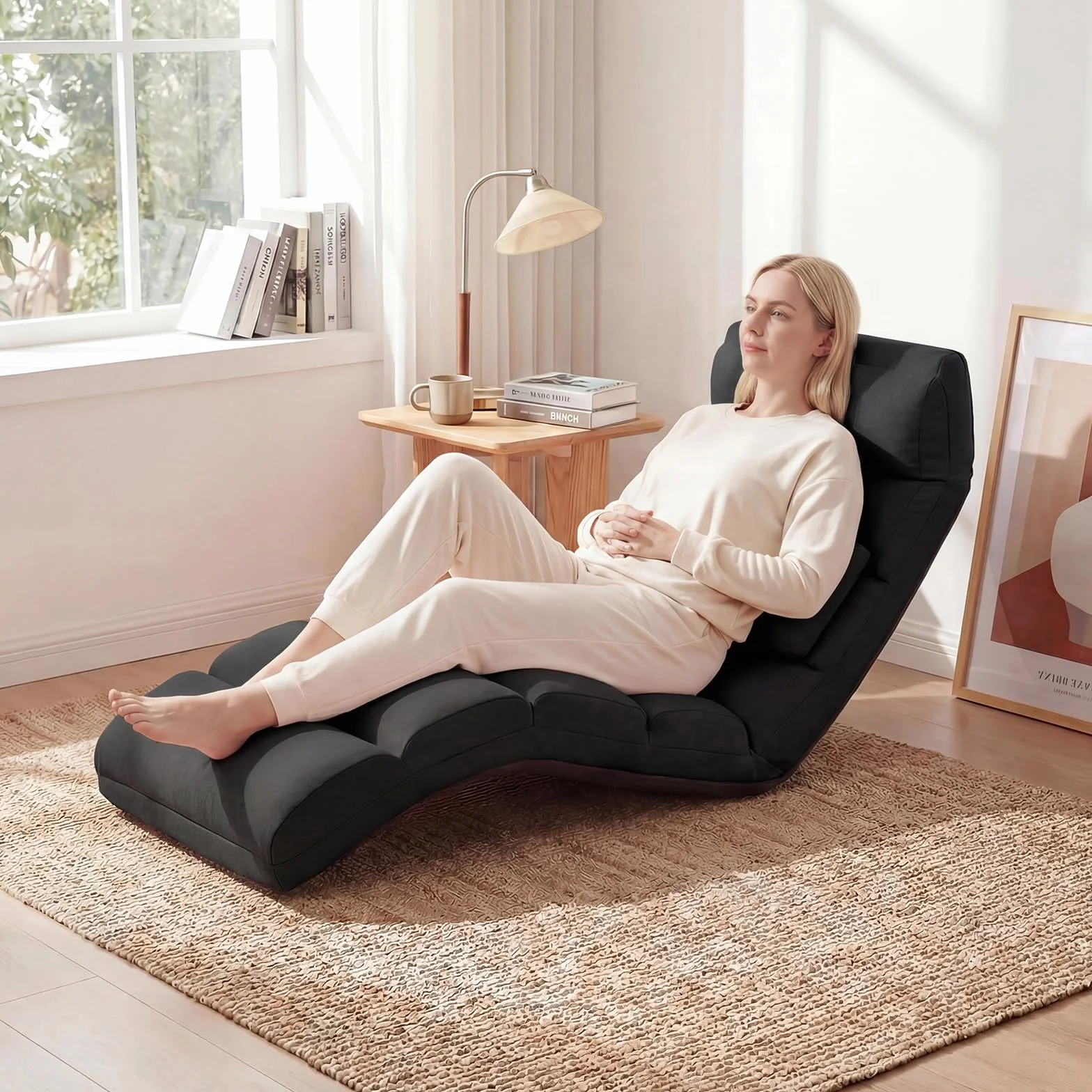 COSTWAY Sillón Cama Plegable en 5 Posiciones, Silla de Suelo con Respaldo Ajustable, Sofá Perezoso Individual con Reposacabezas Ideal para Jugar, Dormir, y Leer, Capacidad de Carga de 100 kg (Negro)