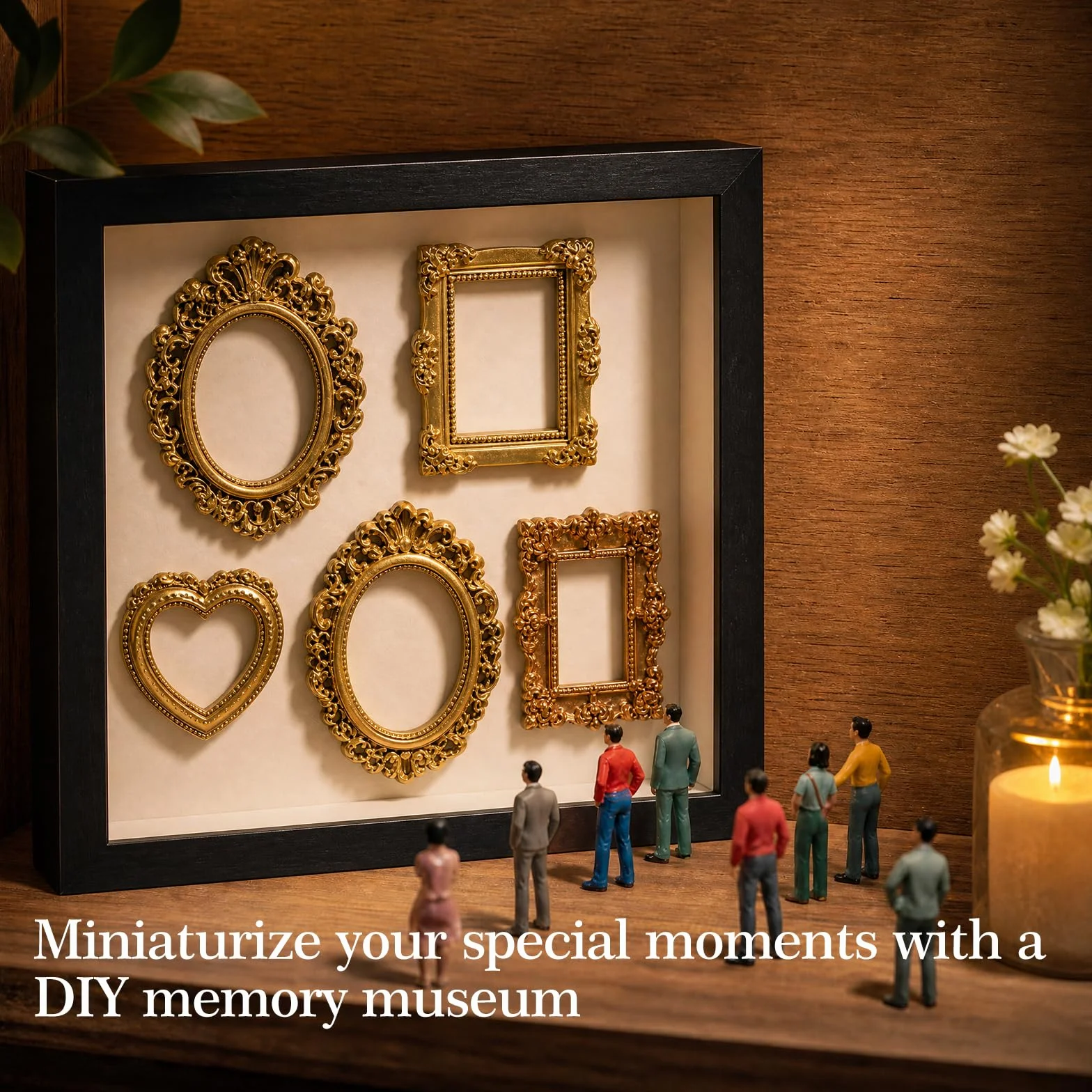 DIY Mini Museum Silhouette Box, Cajas de Sombra Kit con 8 Mini Figuras de Museo y 8 Mini Marcos Dorados