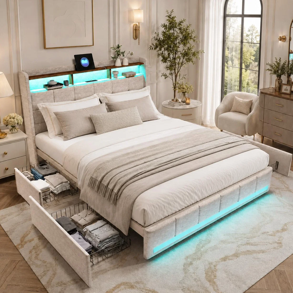 Cama Tapizada 160x200 con Espacio de Almacenamiento, Cama Matrimonial con Toma USB y luz LED, Cama Juvenil con 4 Cajones, Estructura de Cama con cabecero y somier, Tela de Lino, Sin Colchón, Beige A
