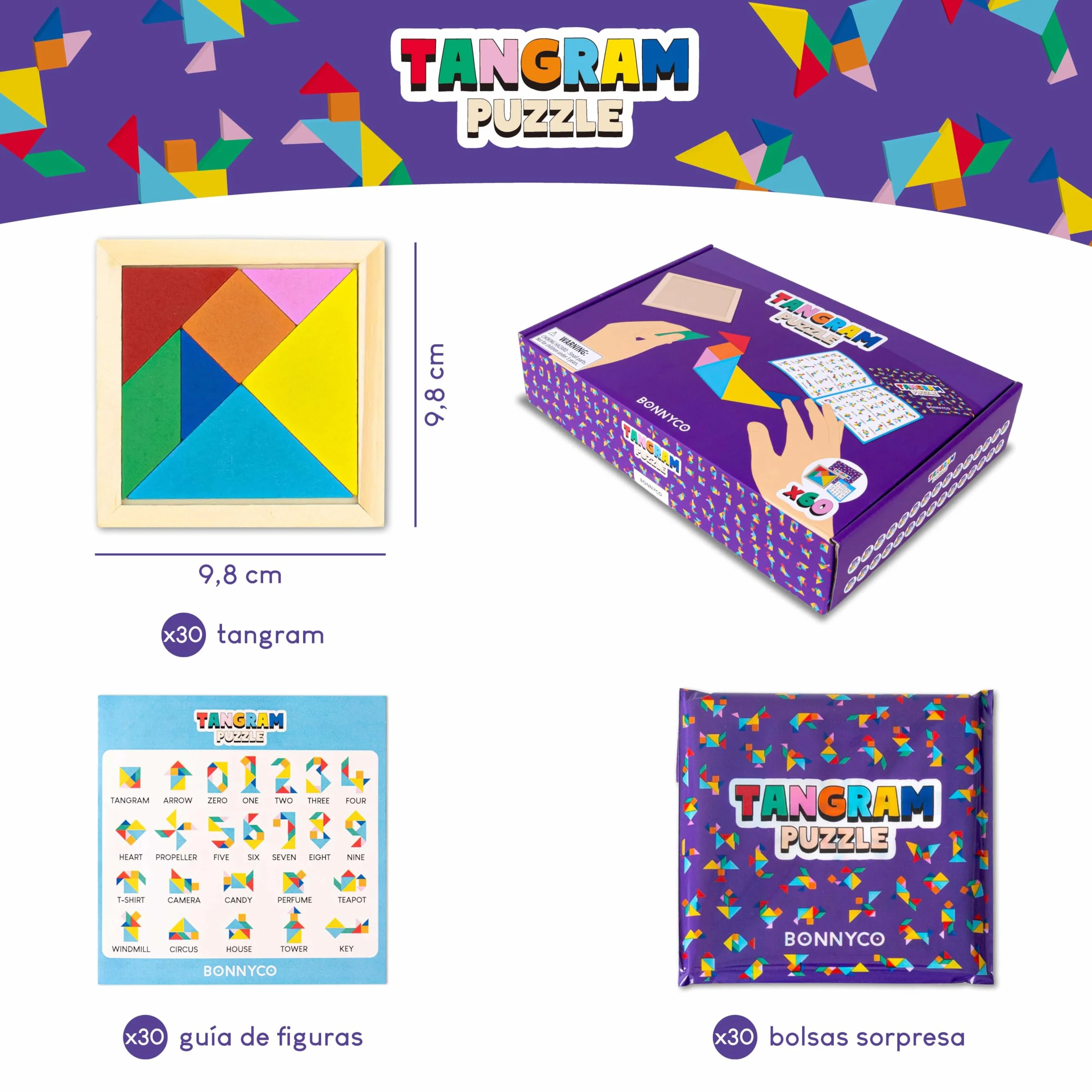 BONNYCO Tangram Infantil Pack 30 Regalos Cumpleaños Niños Rompecabezas