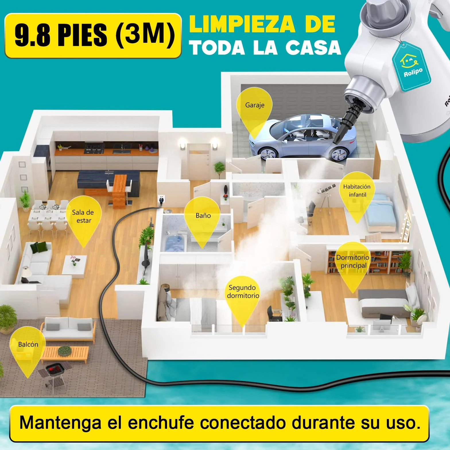 Rolipo Limpiador a Vapor Portátil 12 Accesorios Cierre de Seguridad Pistola Multifuncional