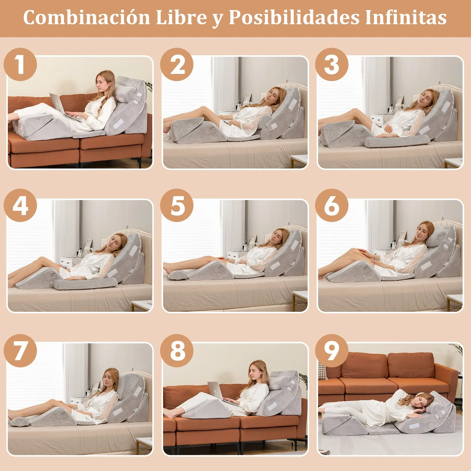 COSTWAY Almohada de Cuña para la Cama de 6 Piezas, Juego de Almohadas de Espuma de Memoria para Aliviar el Dolor de Cuerpo, Almohada de Soporte de Espalda Cómoda Ajustable y Extraíble, Gris