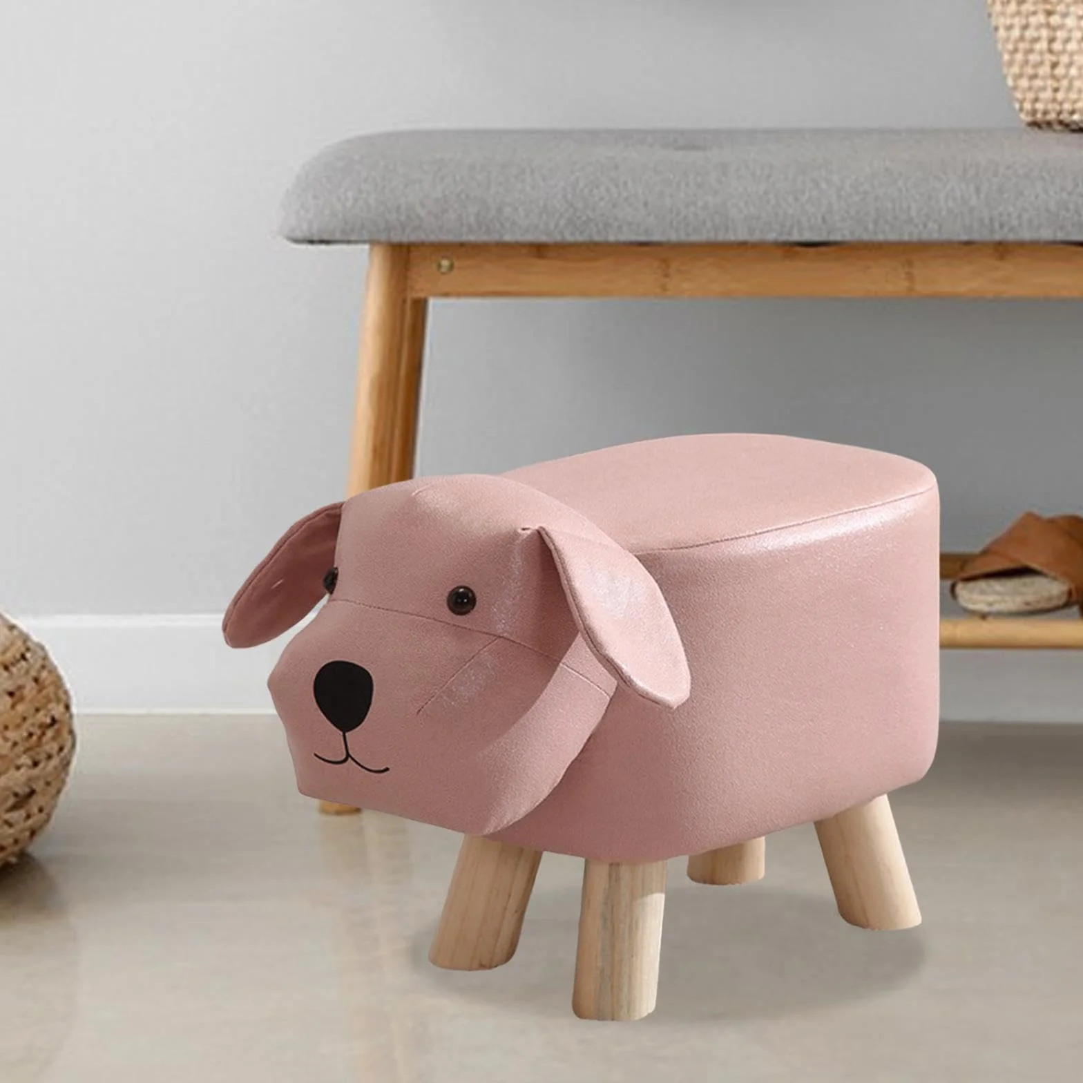 Puf Decorativo Infantil Perro Rosa para Sala de Juegos, Taburete Niños