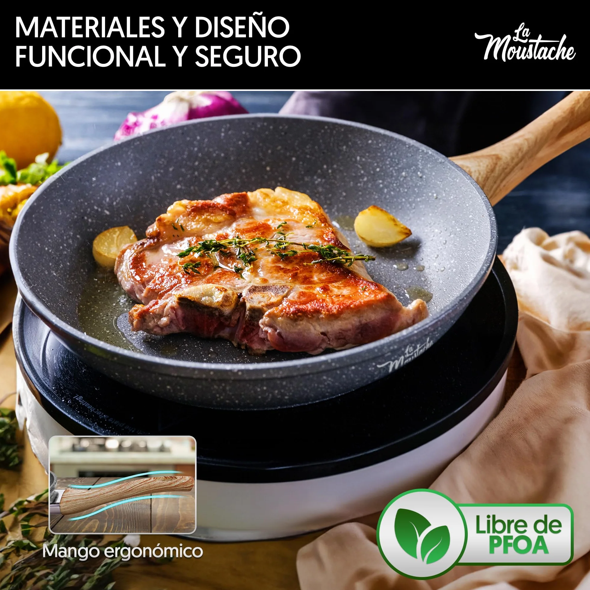 La Moustache Set de Sartenes 20/24/28 cm Antiadherente Apto para Inducción Batería de Cocina Profesional Aluminio