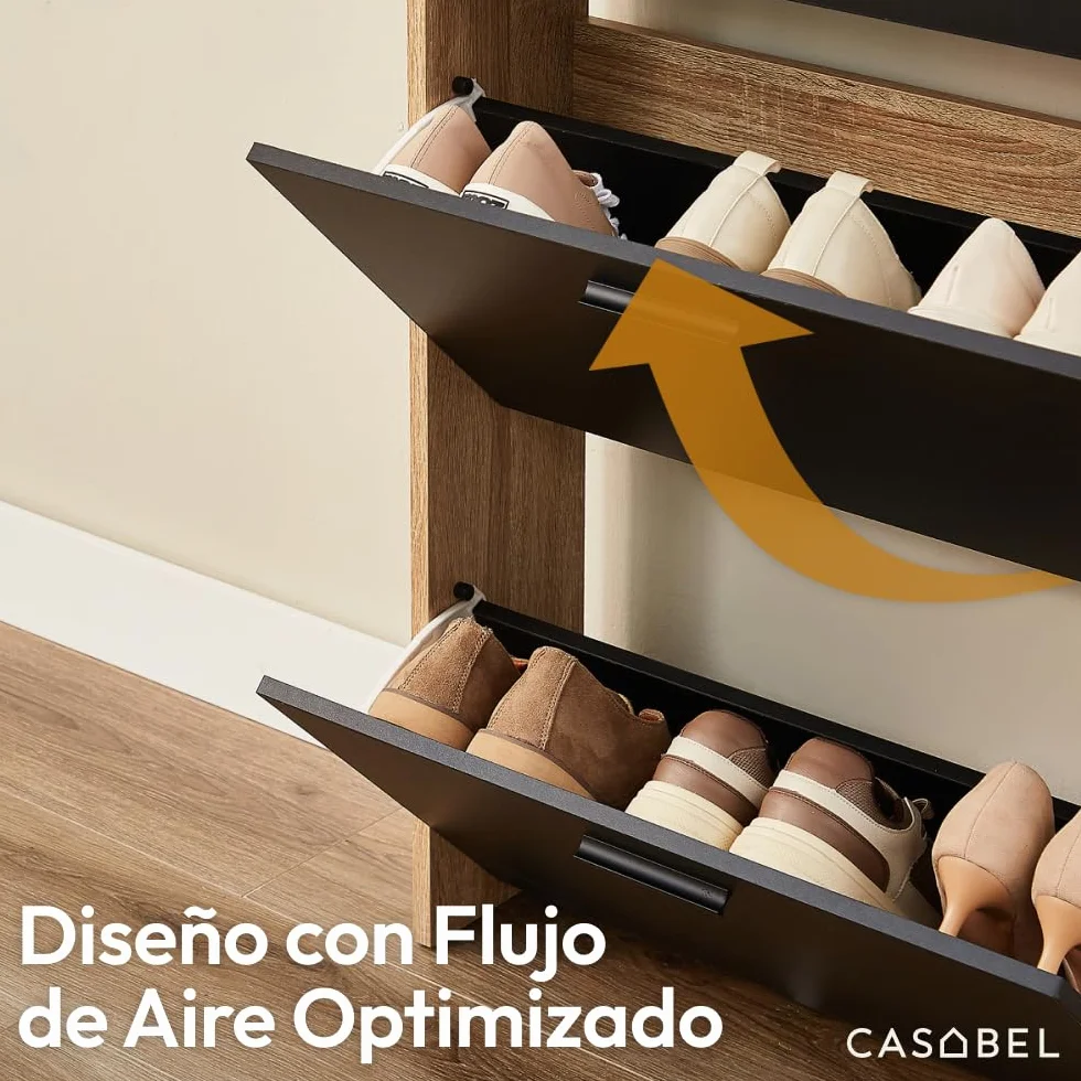CASABEL Mueble Zapatero Moderno 5 abatibles, Almacenamiento para Zapatos 15 Pares, Negro y Madera, Mueble de Madera, Dimensiones L60xP17xH180 cm, Gran Capacidad, fácil de Instalar